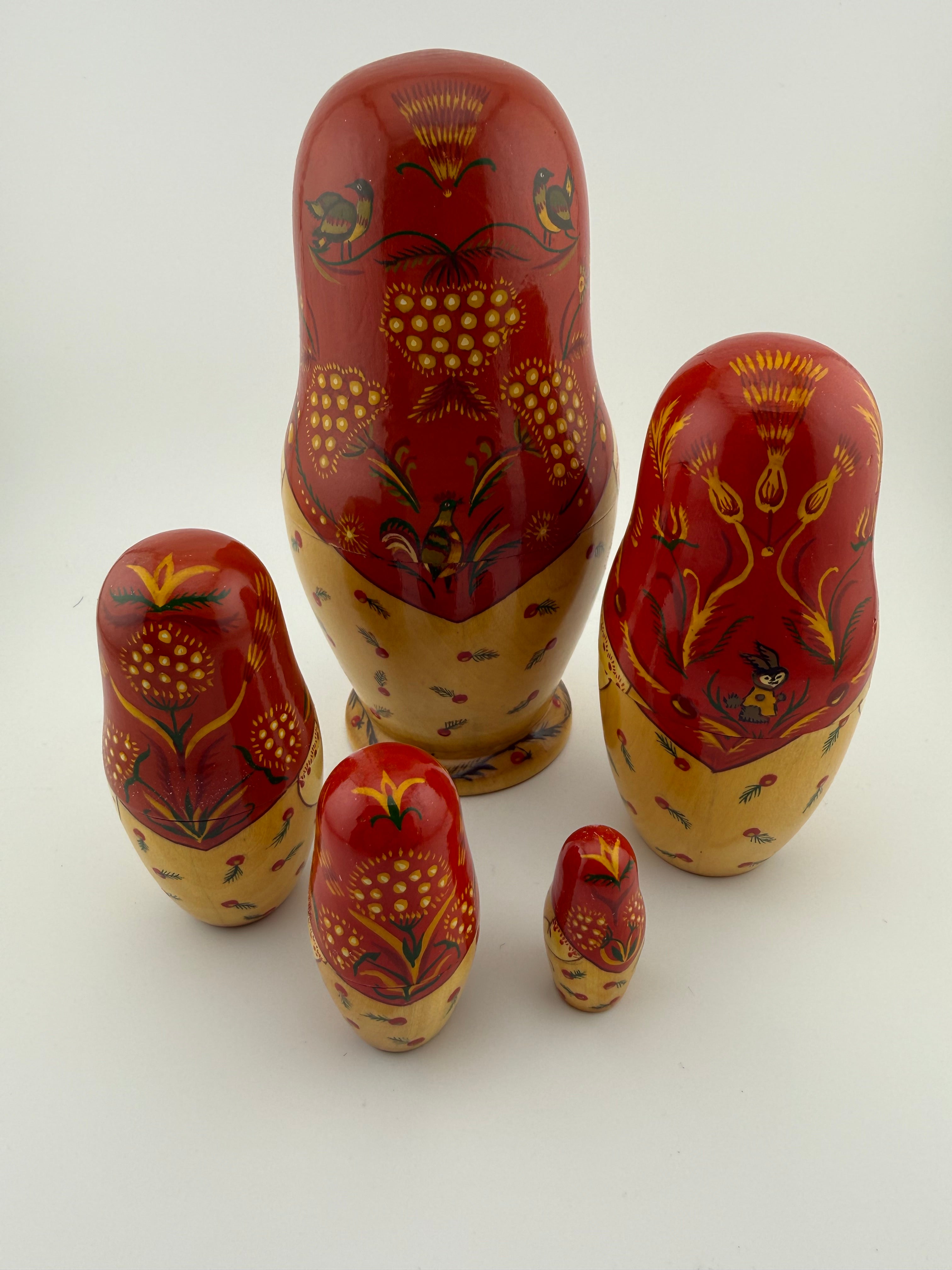 Vintage Russian Hand-Painted Matryoshka Nesting Dolls Set of 5 with Khokhloma Folk Art Decoration