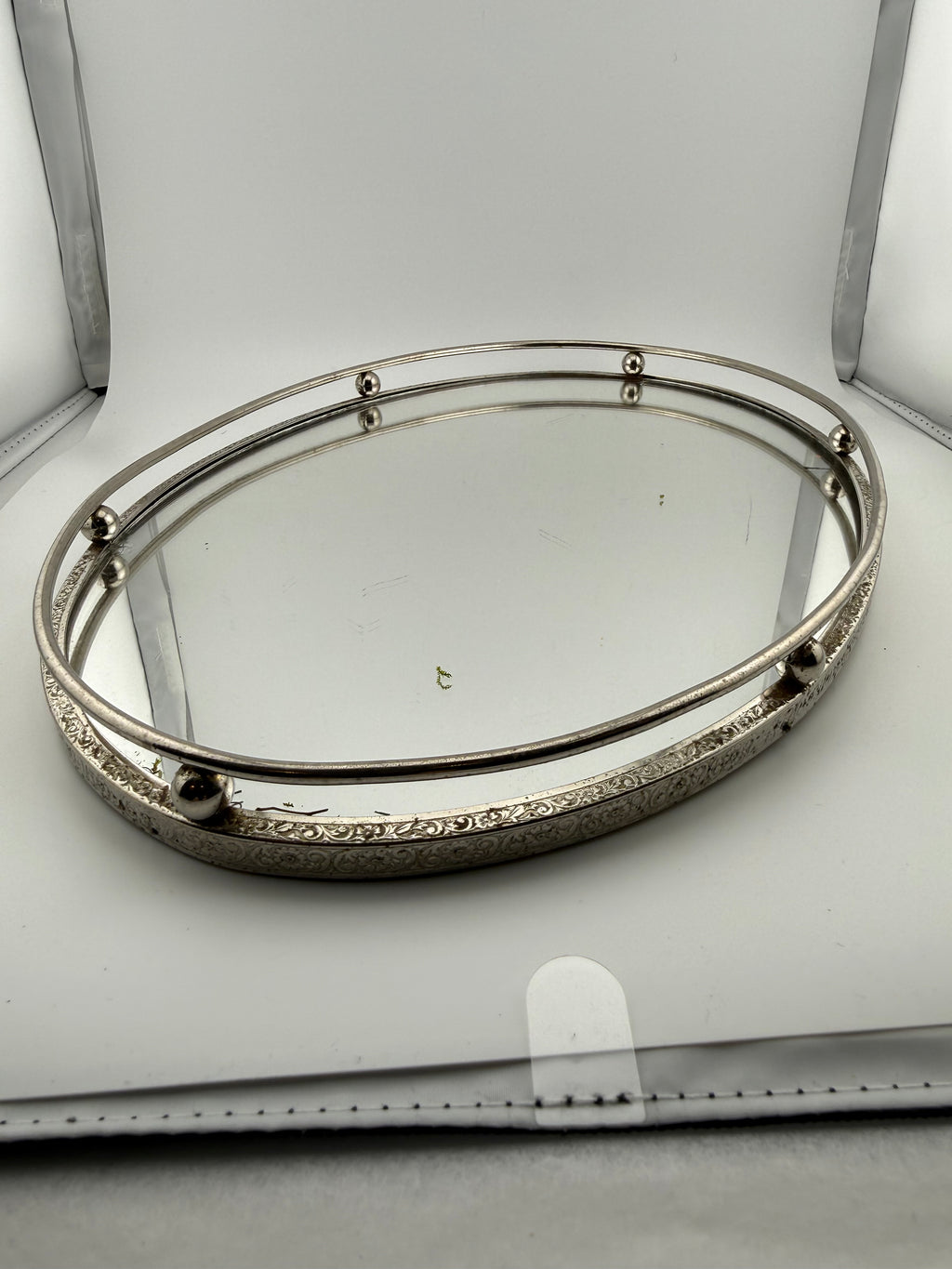 Vintage Silver-Plated Oval Vanity Tray with Mirrored Surface, Engraved Scrollwork Rim and Ball Finial Gallery Rail