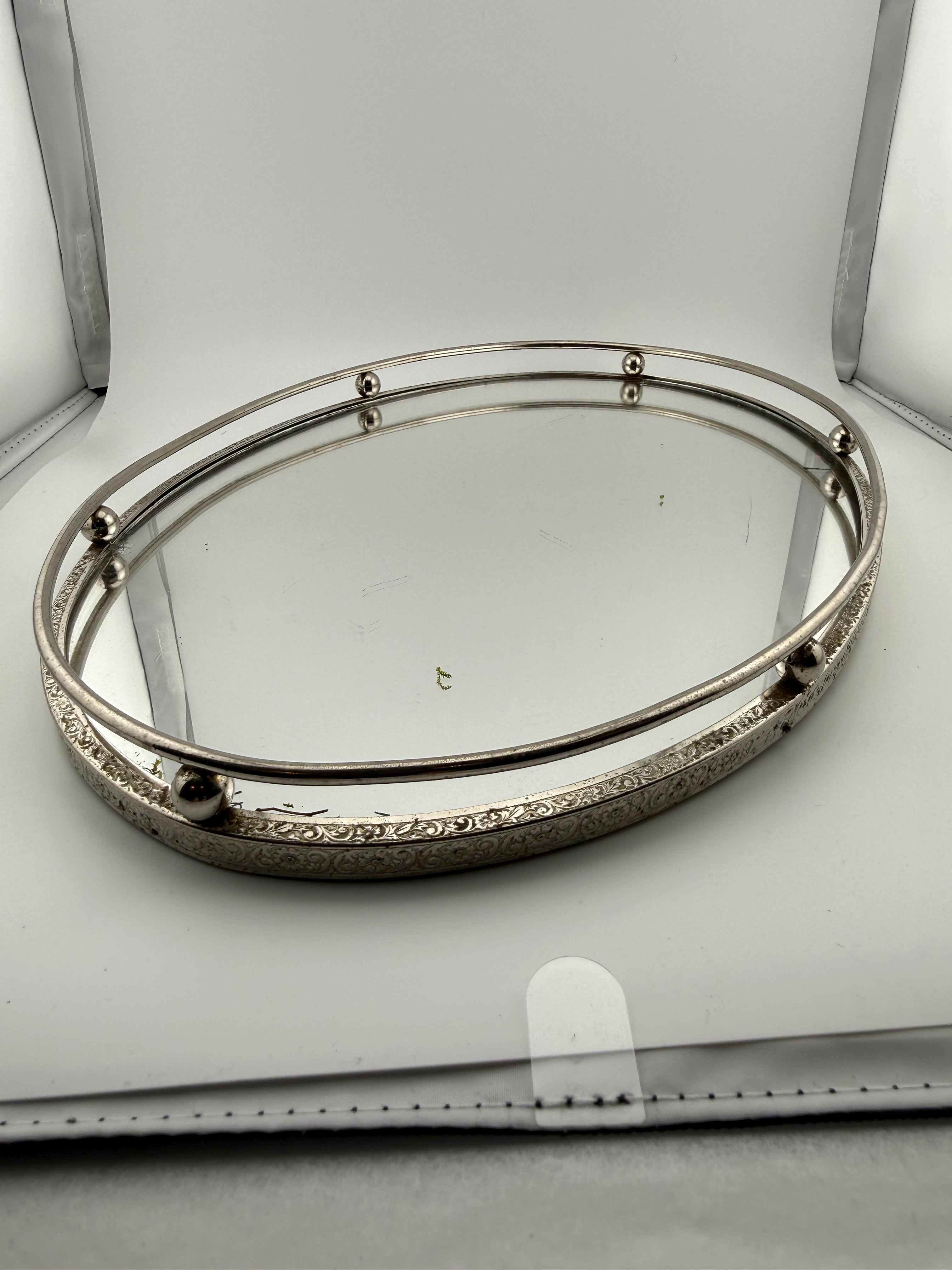 Vintage Silver-Plated Oval Vanity Tray with Mirrored Surface, Engraved Scrollwork Rim and Ball Finial Gallery Rail