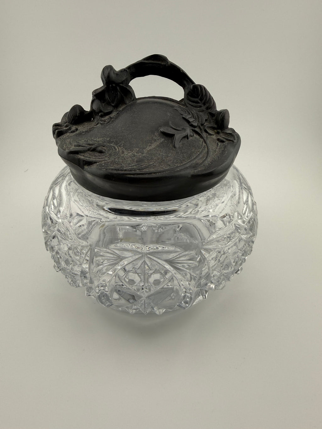 Antique American Brilliant Cut Glass Rose Bowl with Art Nouveau Pewter Lid - Hobstar and Fan Pattern