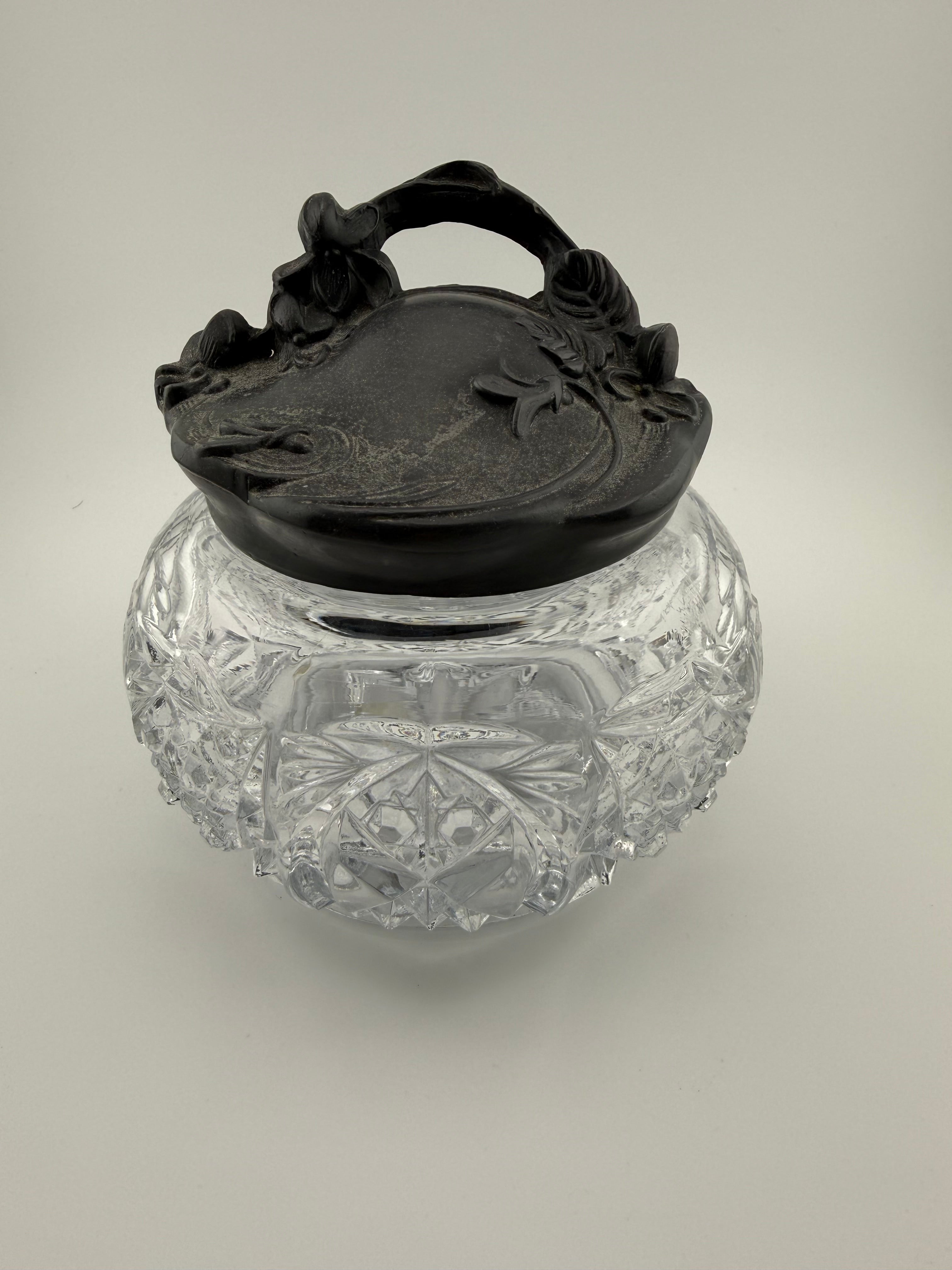 Antique American Brilliant Cut Glass Rose Bowl with Art Nouveau Pewter Lid - Hobstar and Fan Pattern