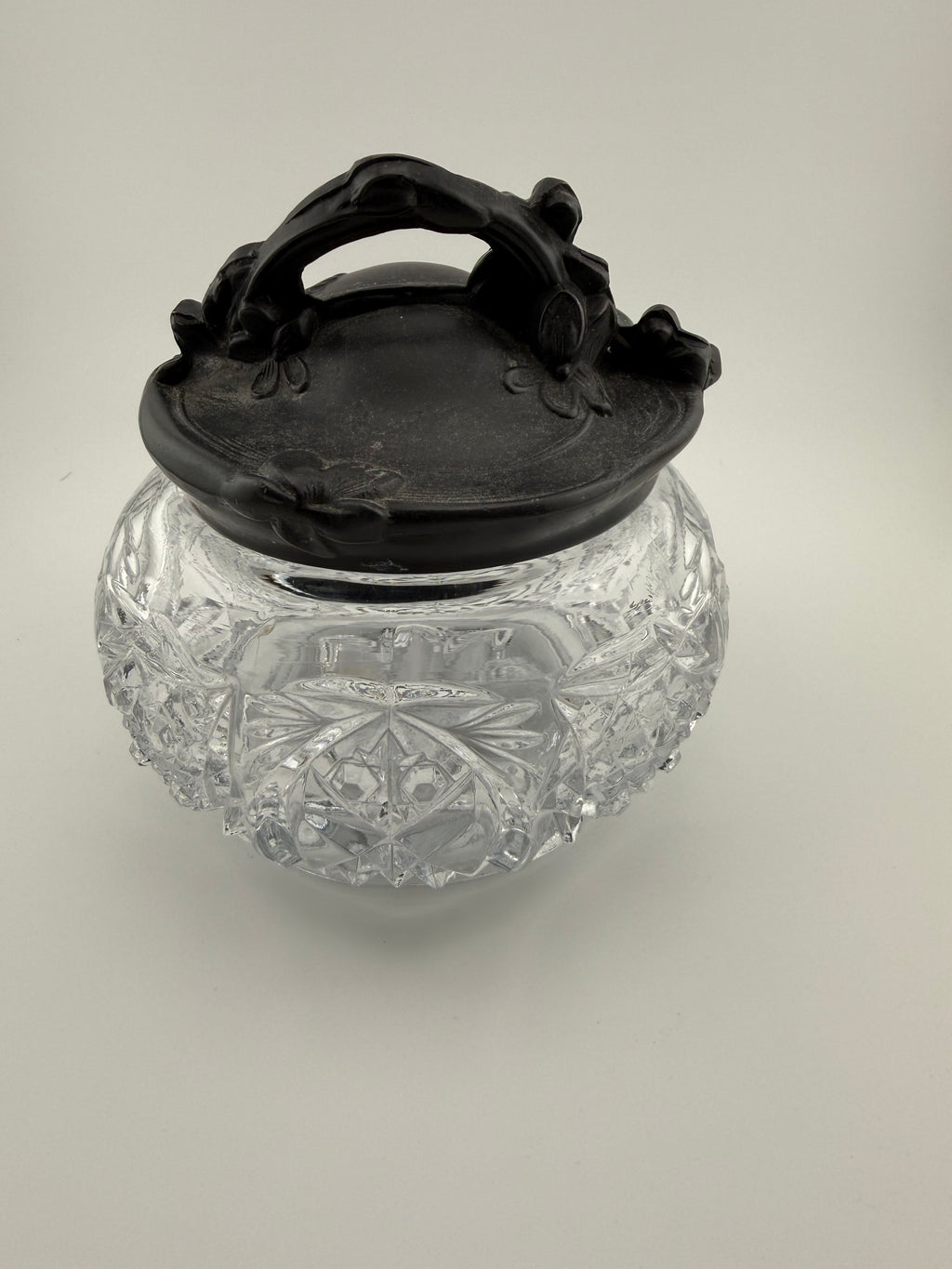 Antique American Brilliant Cut Glass Rose Bowl with Art Nouveau Pewter Lid - Hobstar and Fan Pattern
