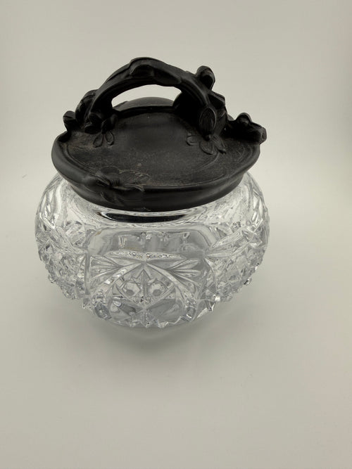 Antique American Brilliant Cut Glass Rose Bowl with Art Nouveau Pewter Lid - Hobstar and Fan Pattern