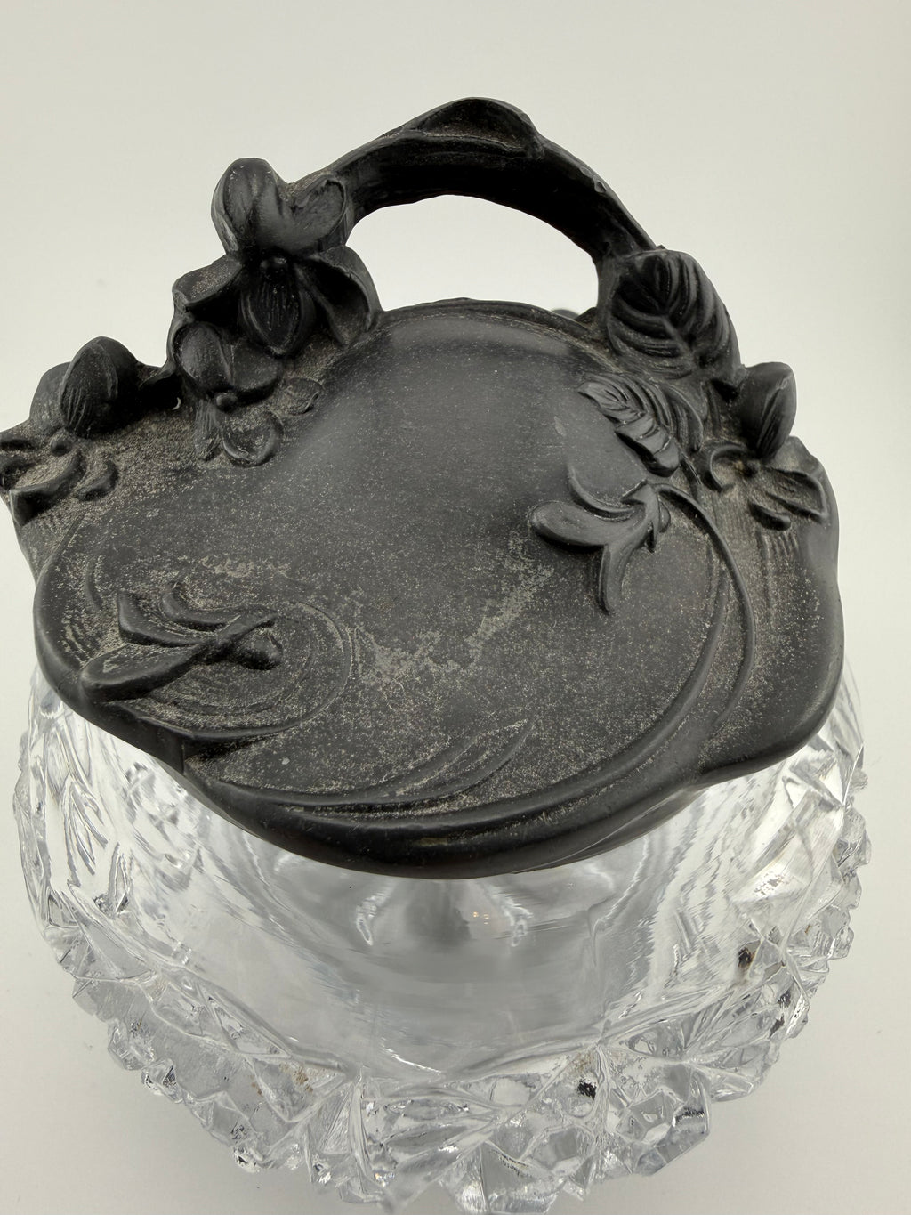 Antique American Brilliant Cut Glass Rose Bowl with Art Nouveau Pewter Lid - Hobstar and Fan Pattern