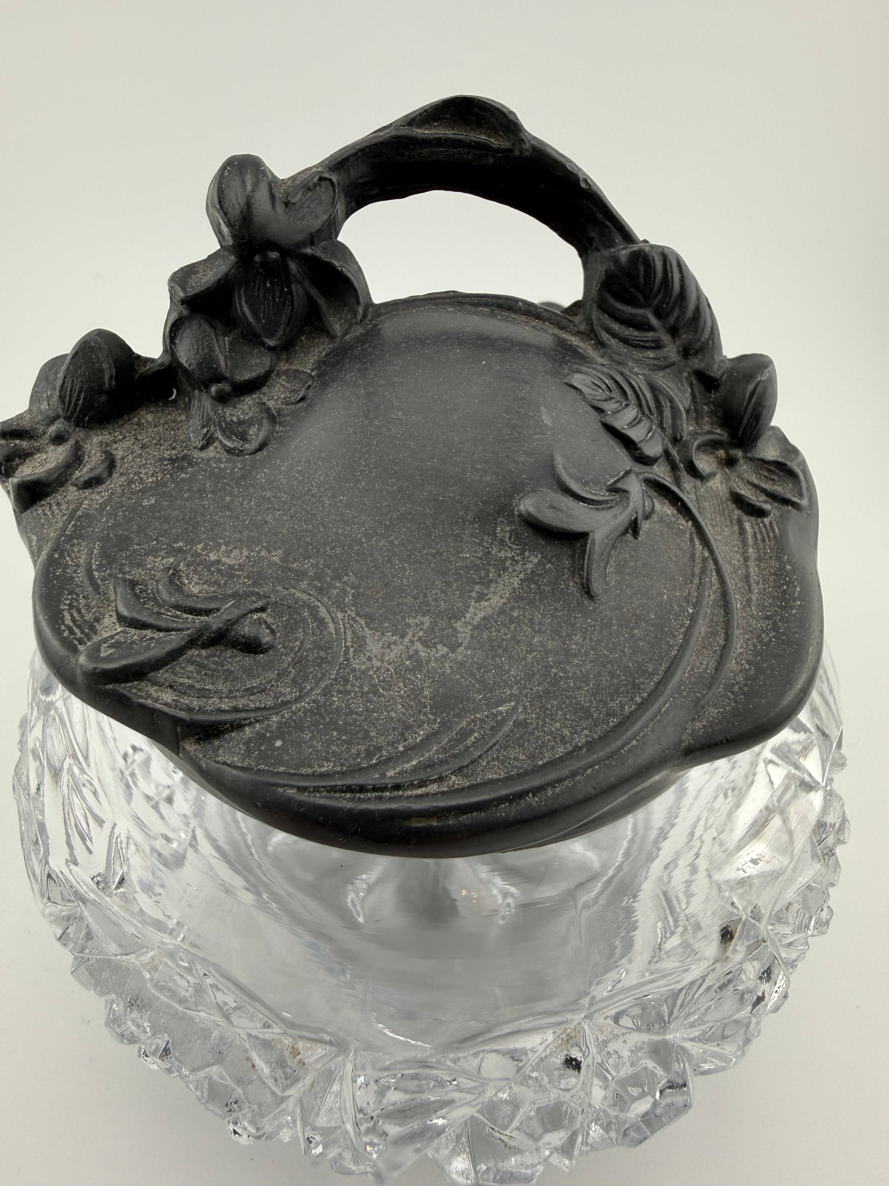 Antique American Brilliant Cut Glass Rose Bowl with Art Nouveau Pewter Lid - Hobstar and Fan Pattern