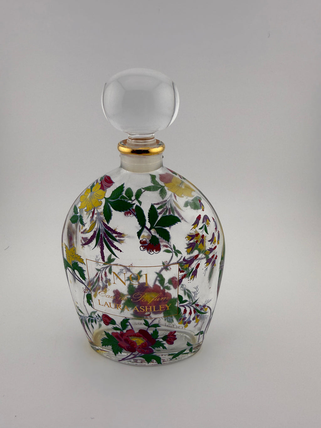Vintage Laura Ashley No. 1 Eau de Parfum Large Perfume Bottle with Botanical Floral Print and Frosted Ball Stopper