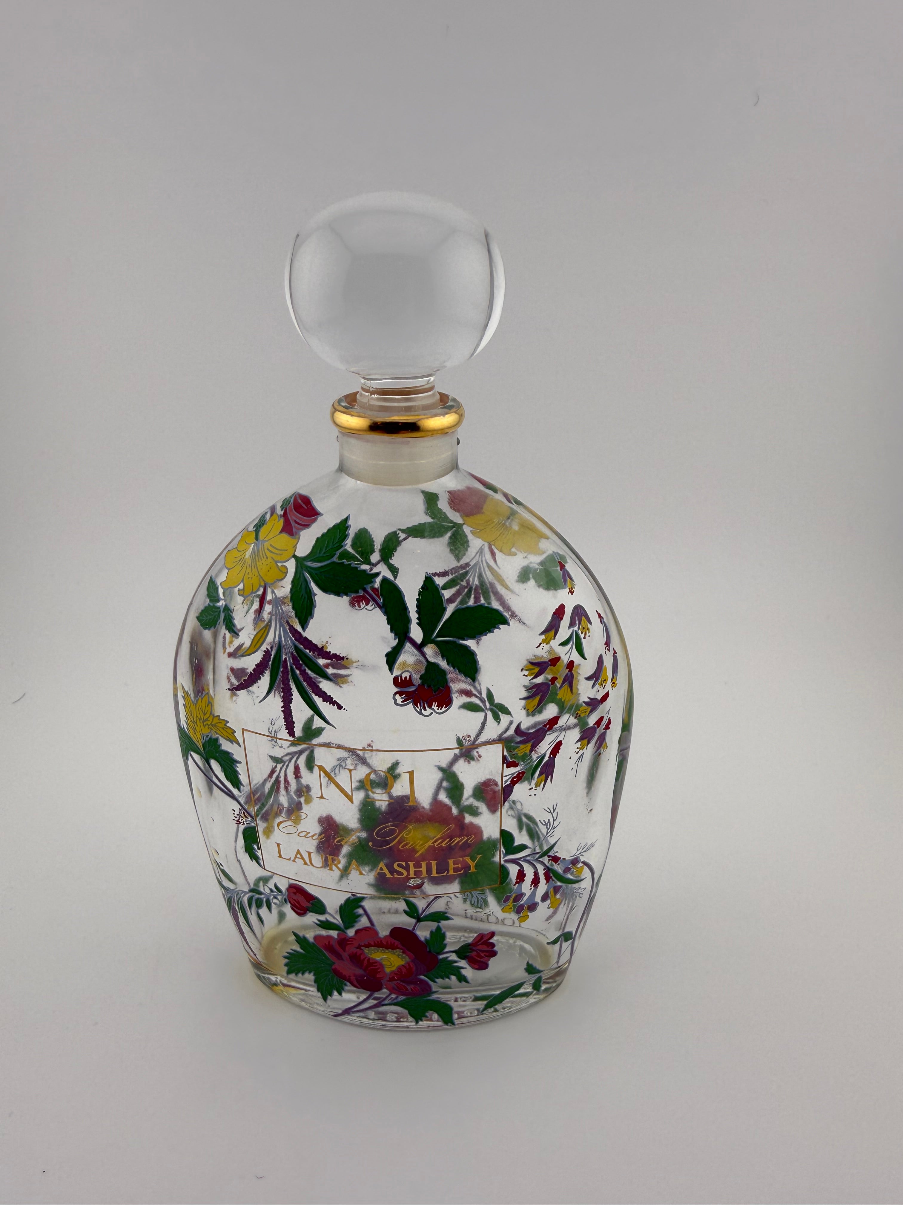 Vintage Laura Ashley No. 1 Eau de Parfum Large Perfume Bottle with Botanical Floral Print and Frosted Ball Stopper