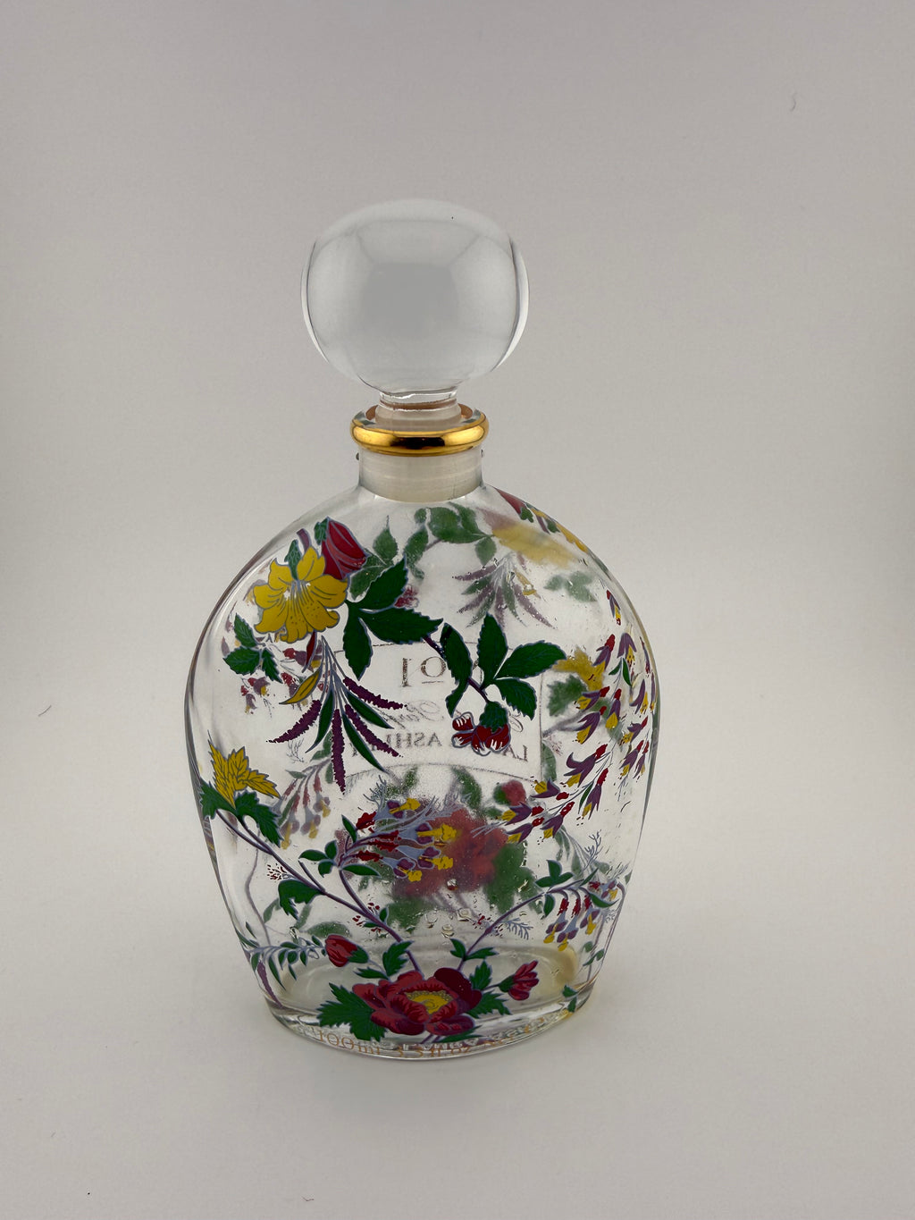 Vintage Laura Ashley No. 1 Eau de Parfum Large Perfume Bottle with Botanical Floral Print and Frosted Ball Stopper