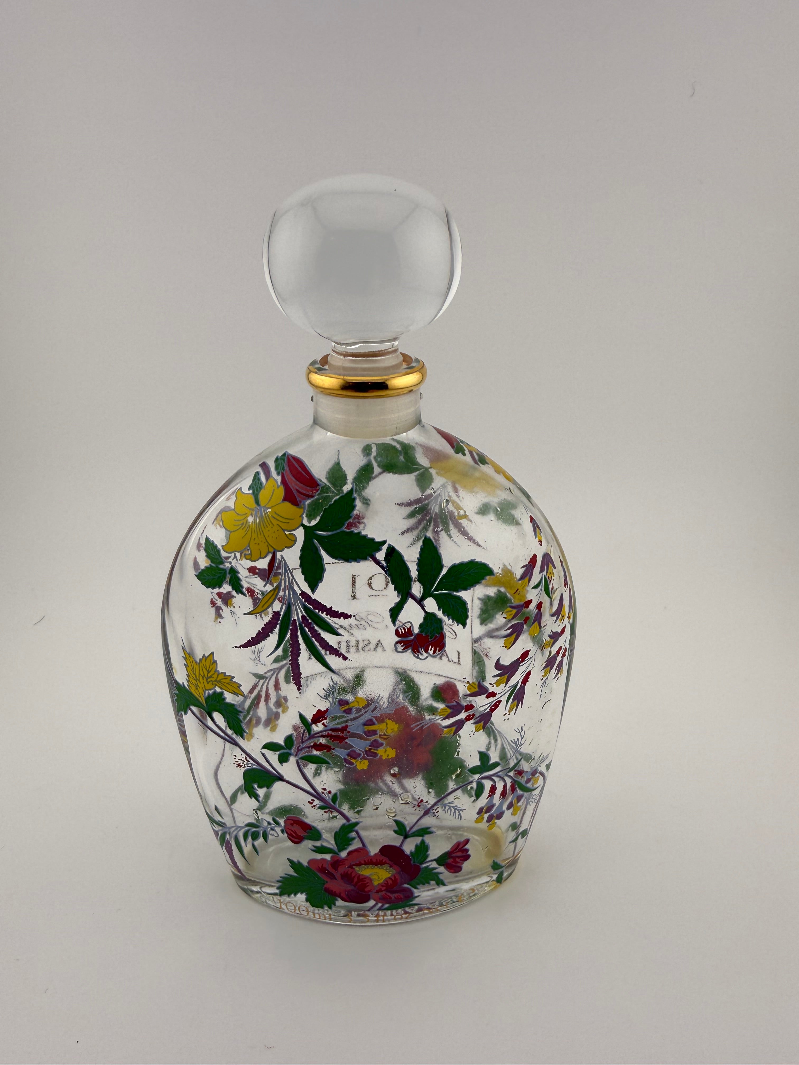Vintage Laura Ashley No. 1 Eau de Parfum Large Perfume Bottle with Botanical Floral Print and Frosted Ball Stopper