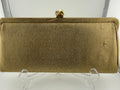 Vintage 1960s Gold Lamé Evening Clutch with Pearl and Gold Scrollwork Kiss-Lock Clasp