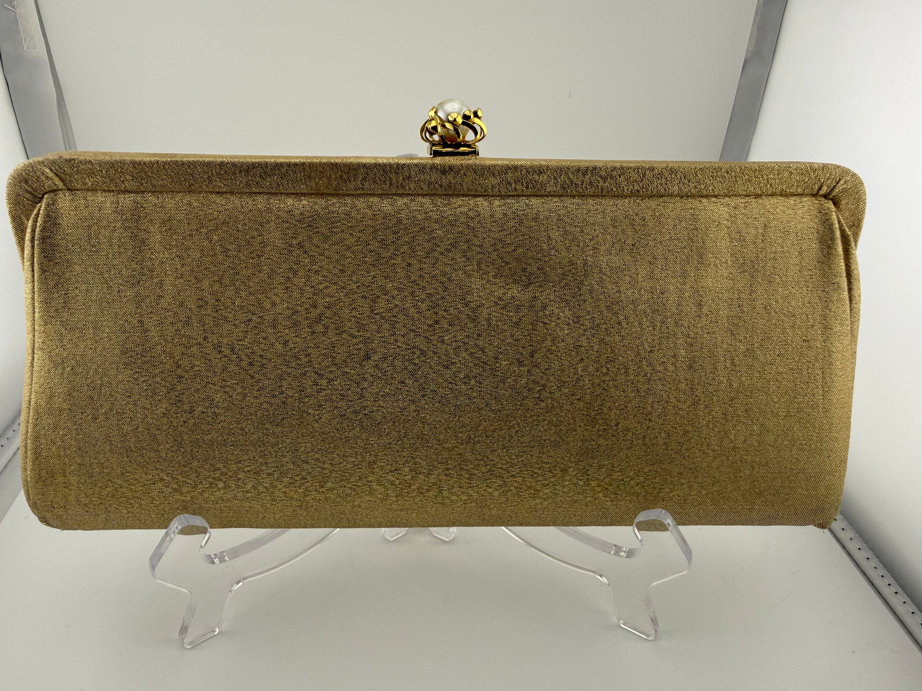 Vintage 1960s Gold Lamé Evening Clutch with Pearl and Gold Scrollwork Kiss-Lock Clasp