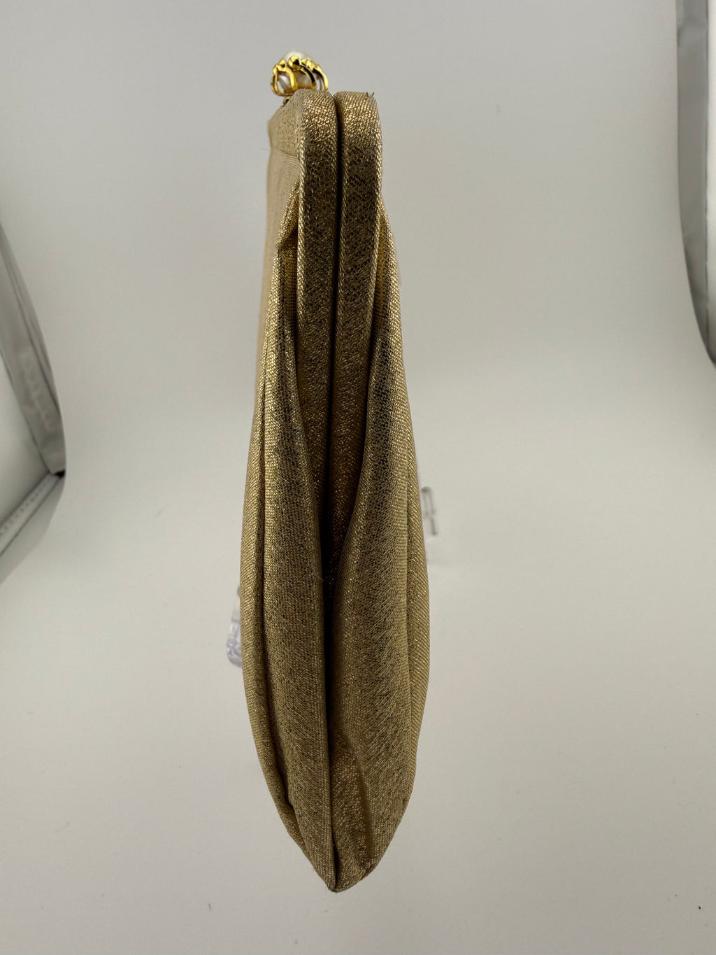 Vintage 1960s Gold Lamé Evening Clutch with Pearl and Gold Scrollwork Kiss-Lock Clasp
