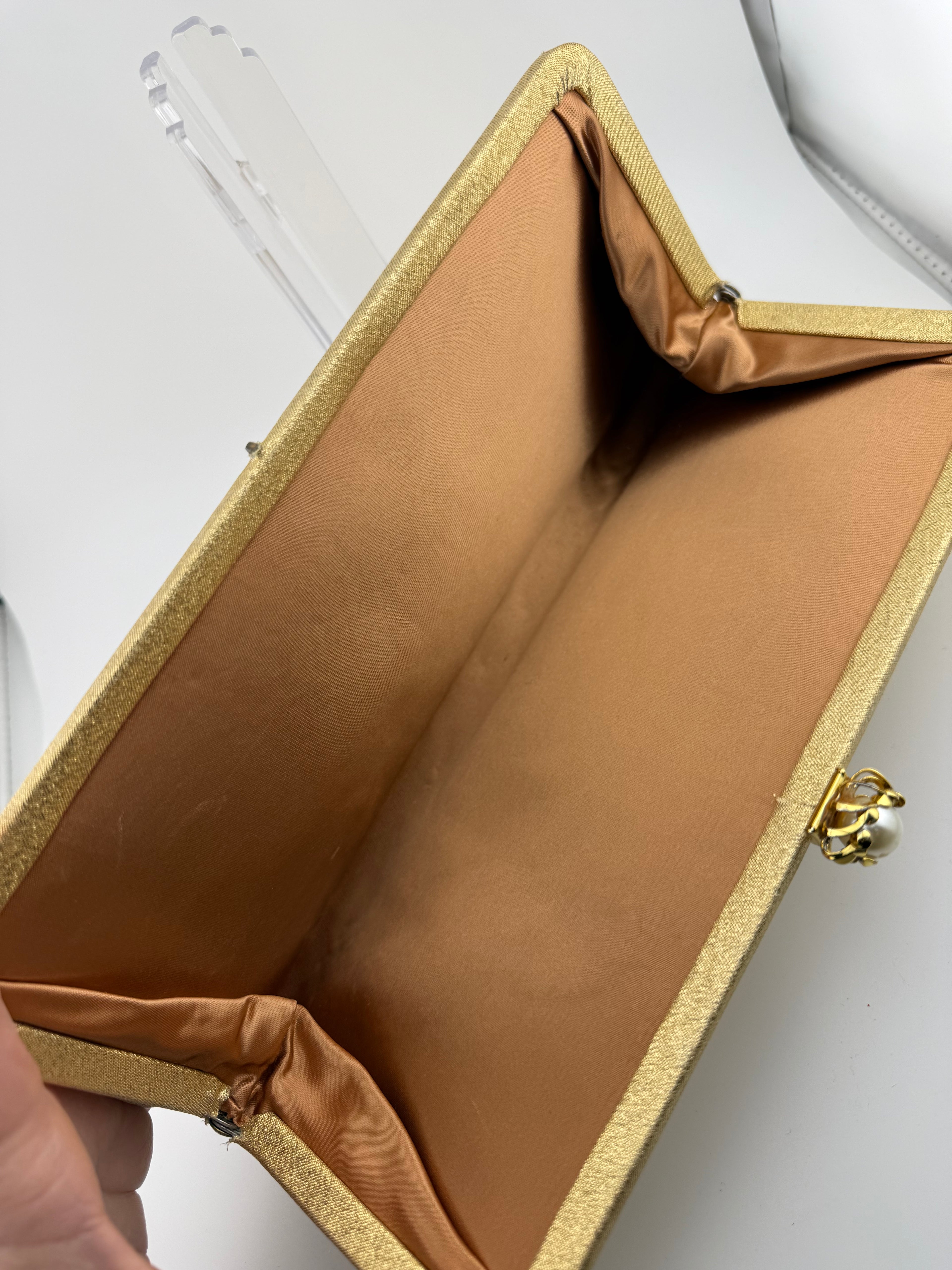 Vintage 1960s Gold Lamé Evening Clutch with Pearl and Gold Scrollwork Kiss-Lock Clasp