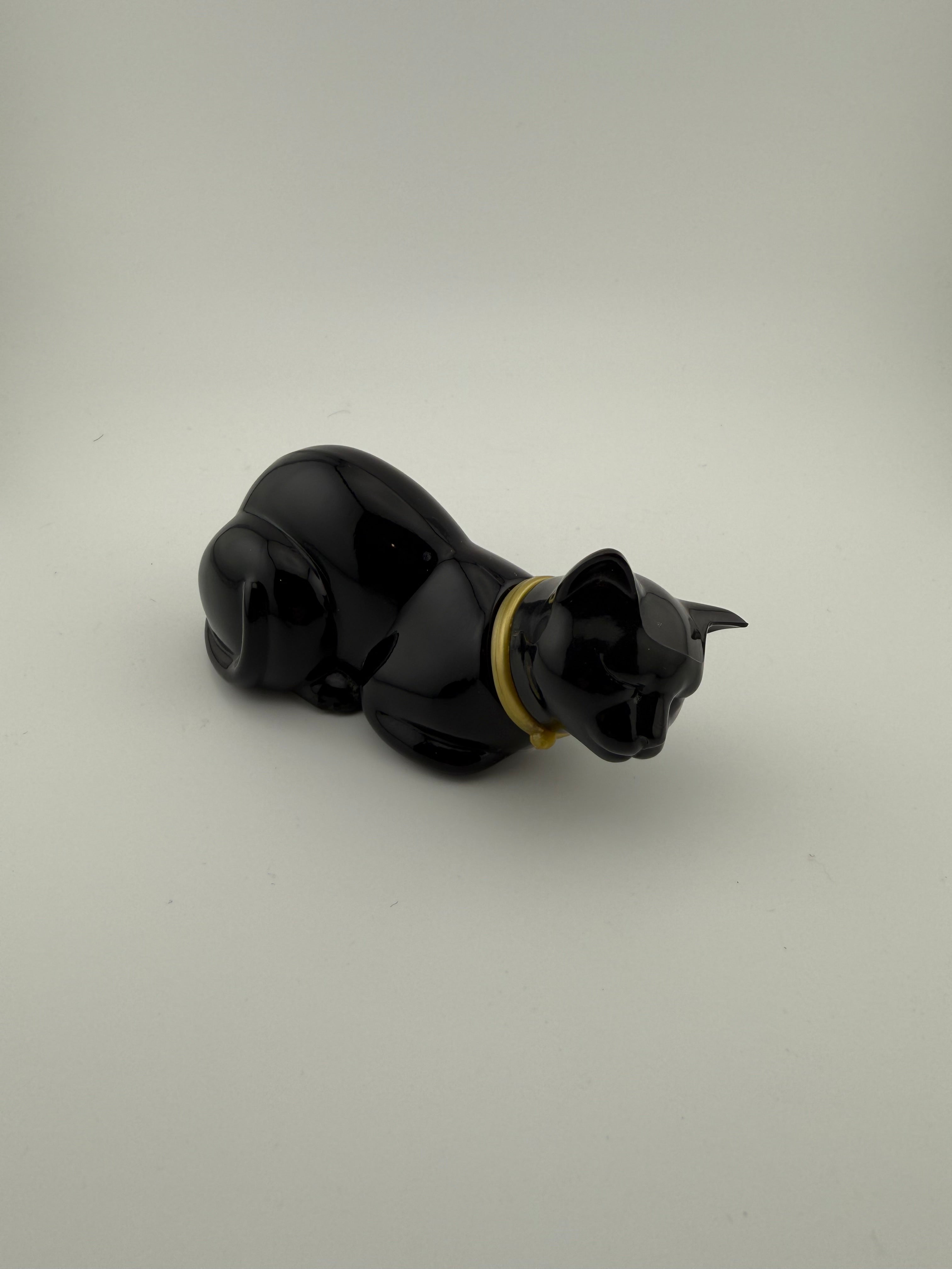 1970's Avon Vintage Black Ceramic Cat Perfume Bottle or Trinket Box with Gold Collar - Art Deco Style