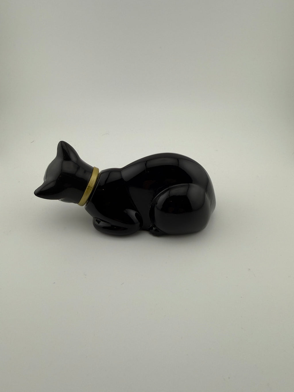 1970's Avon Vintage Black Ceramic Cat Perfume Bottle or Trinket Box with Gold Collar - Art Deco Style