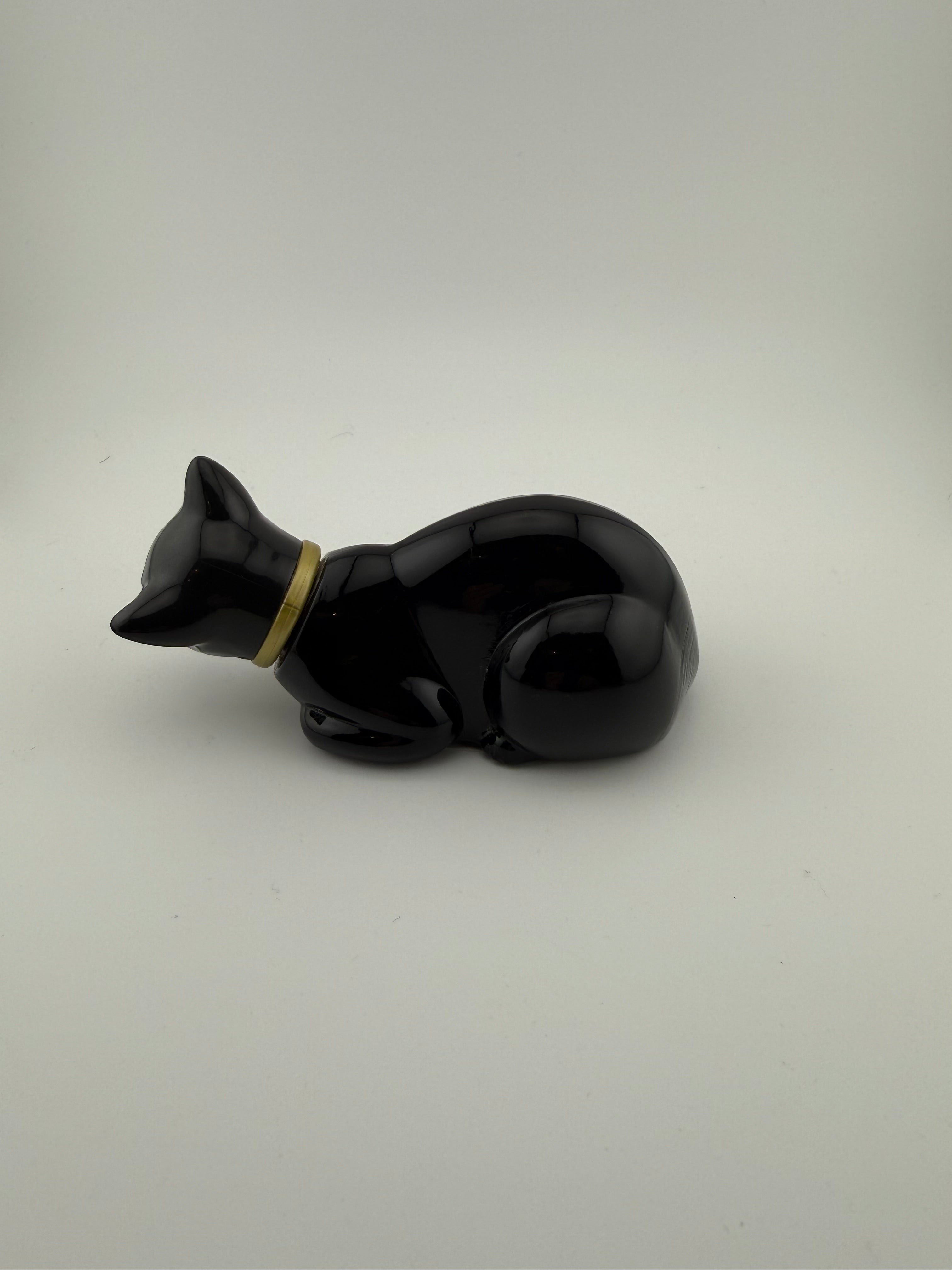 1970's Avon Vintage Black Ceramic Cat Perfume Bottle or Trinket Box with Gold Collar - Art Deco Style