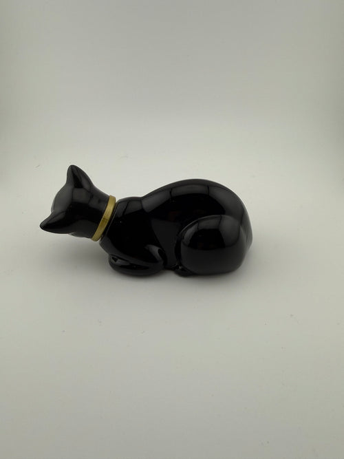1970's Avon Vintage Black Ceramic Cat Perfume Bottle or Trinket Box with Gold Collar - Art Deco Style