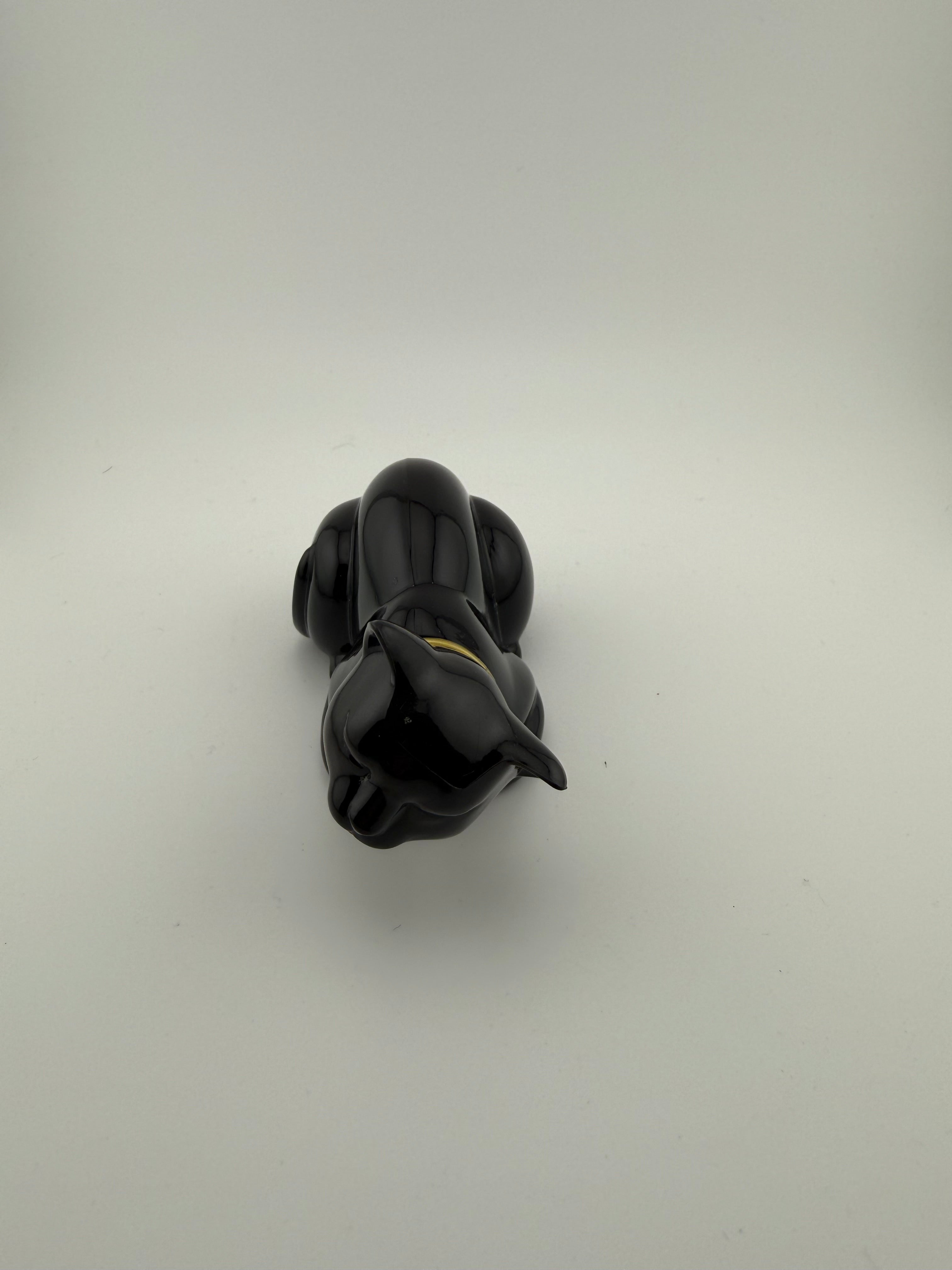 1970's Avon Vintage Black Ceramic Cat Perfume Bottle or Trinket Box with Gold Collar - Art Deco Style