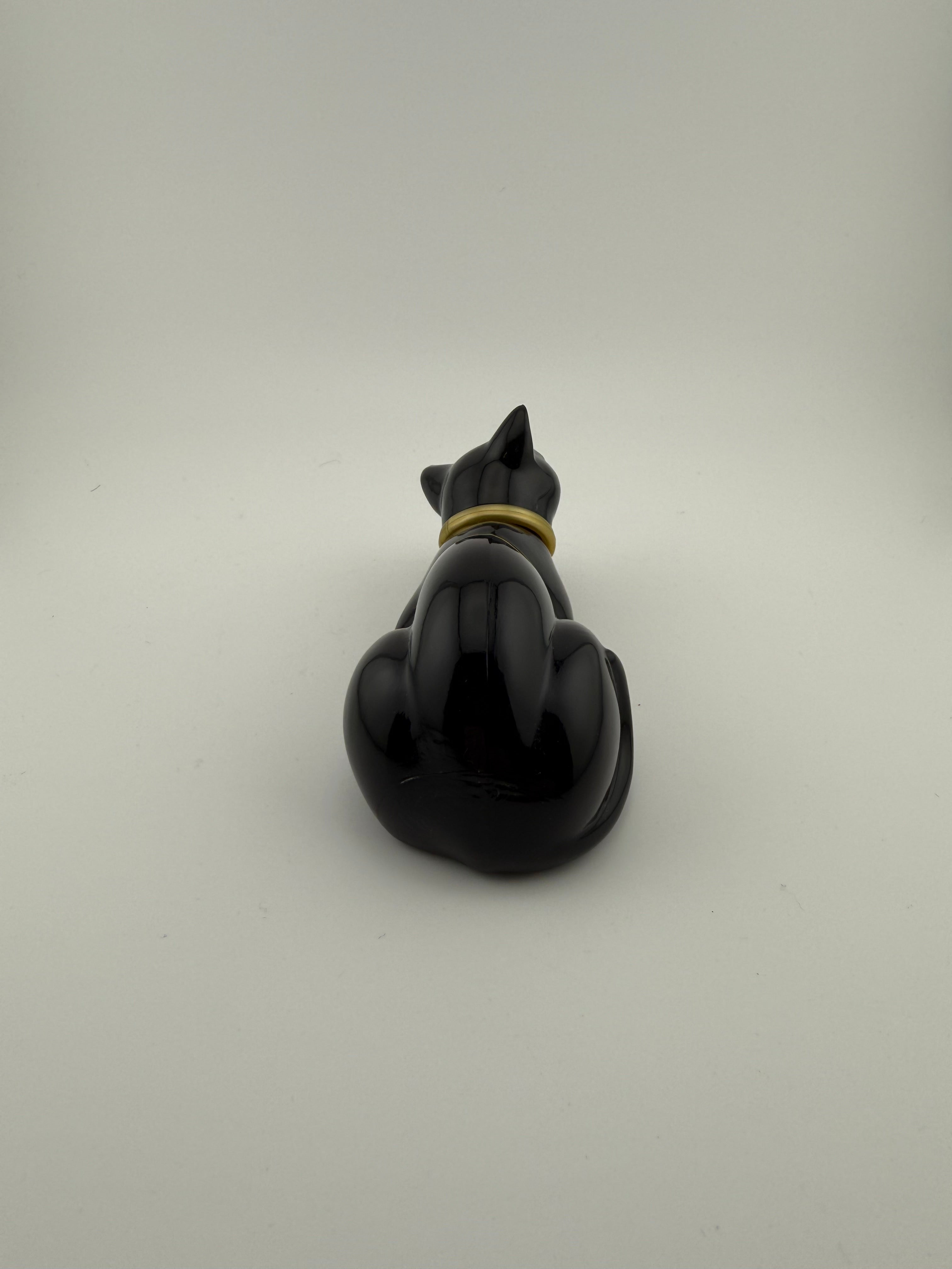 1970's Avon Vintage Black Ceramic Cat Perfume Bottle or Trinket Box with Gold Collar - Art Deco Style