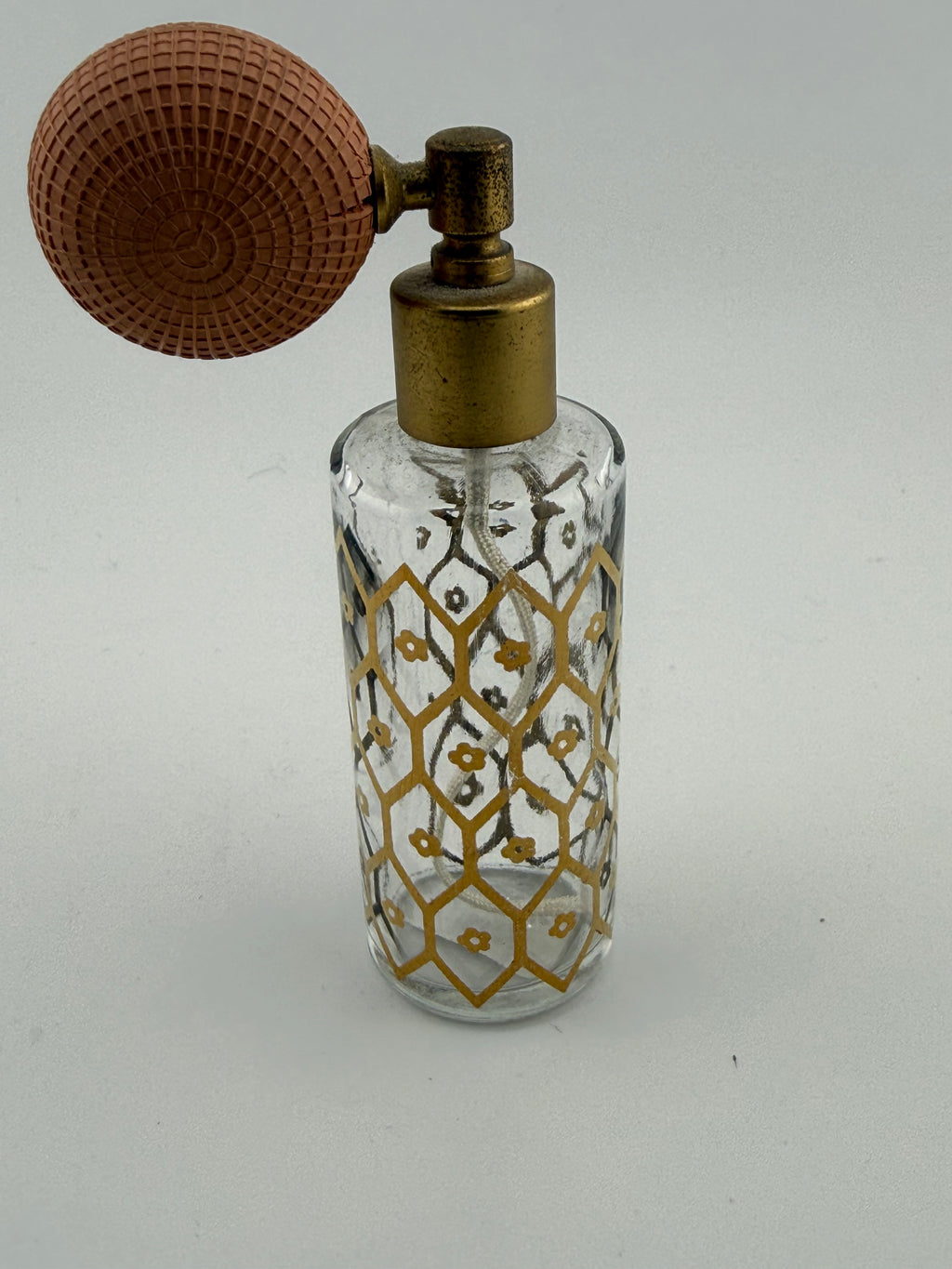 Vintage Glass Perfume Atomizer with Gold Honeycomb Lattice Design and Pink Rubber Squeeze Bulb