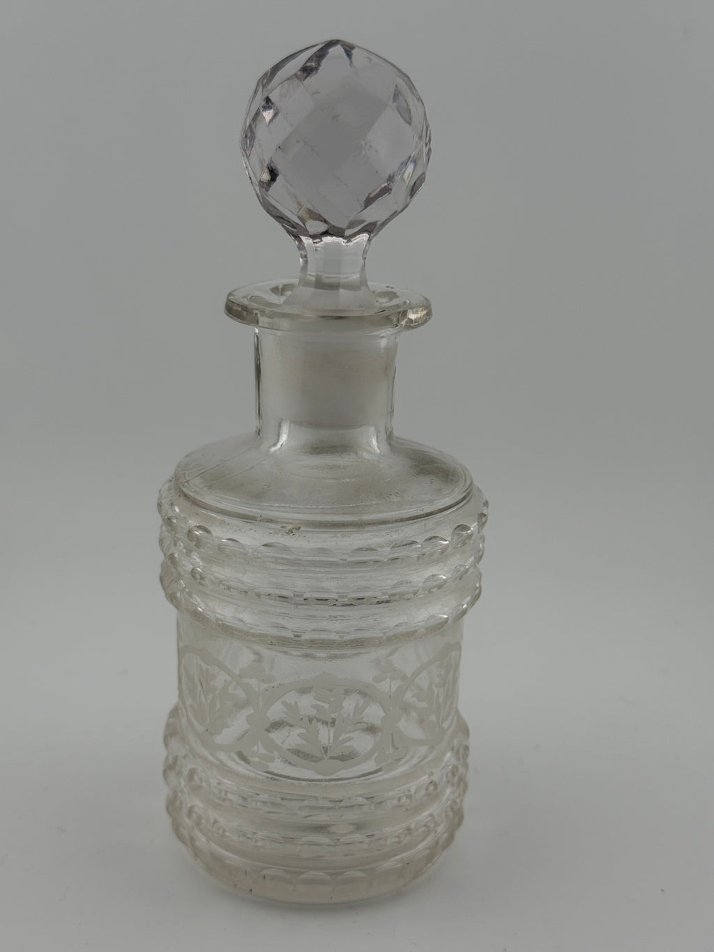 Antique Victorian Pressed Glass Perfume Bottle with Diamond Lattice Pattern and Faceted Ball Stopper