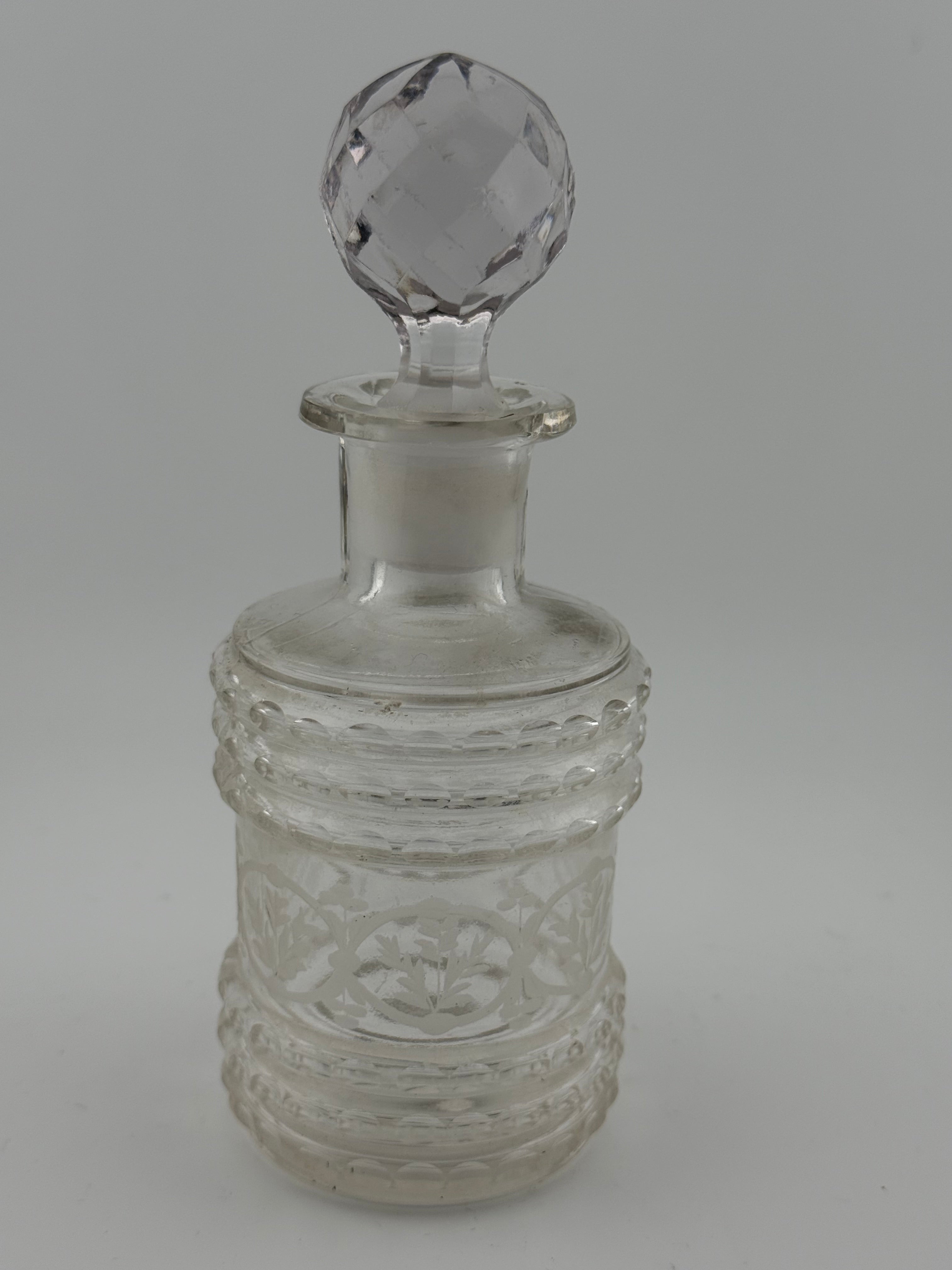 Antique Victorian Pressed Glass Perfume Bottle with Diamond Lattice Pattern and Faceted Ball Stopper