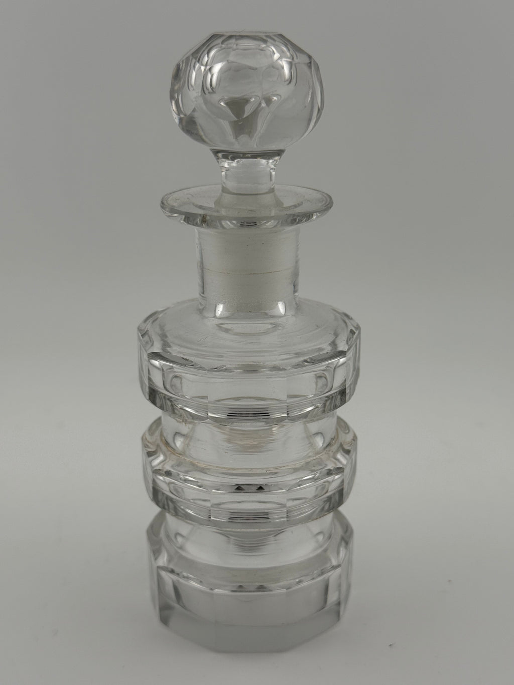 Vintage Art Deco Heavy Cut Crystal Perfume Bottle with Stacked Ring Body and Faceted Ball Stopper