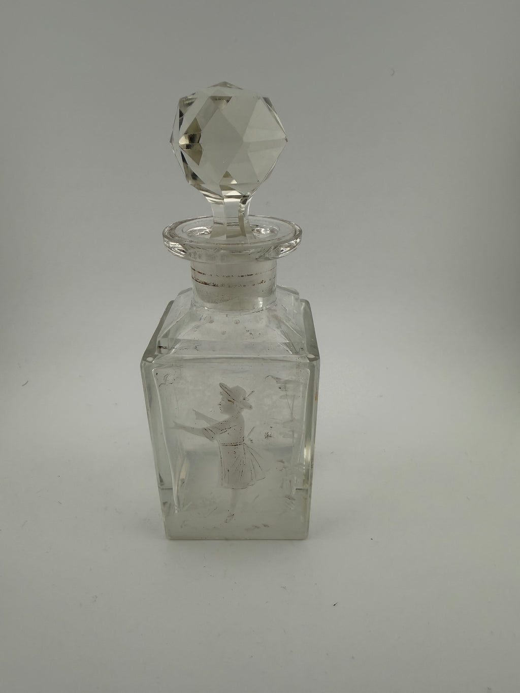 Antique Mary Gregory Victorian Crystal Perfume Bottle with Wheel-Engraved Figural Scenes, Silver Collar and Faceted Ball Stopper