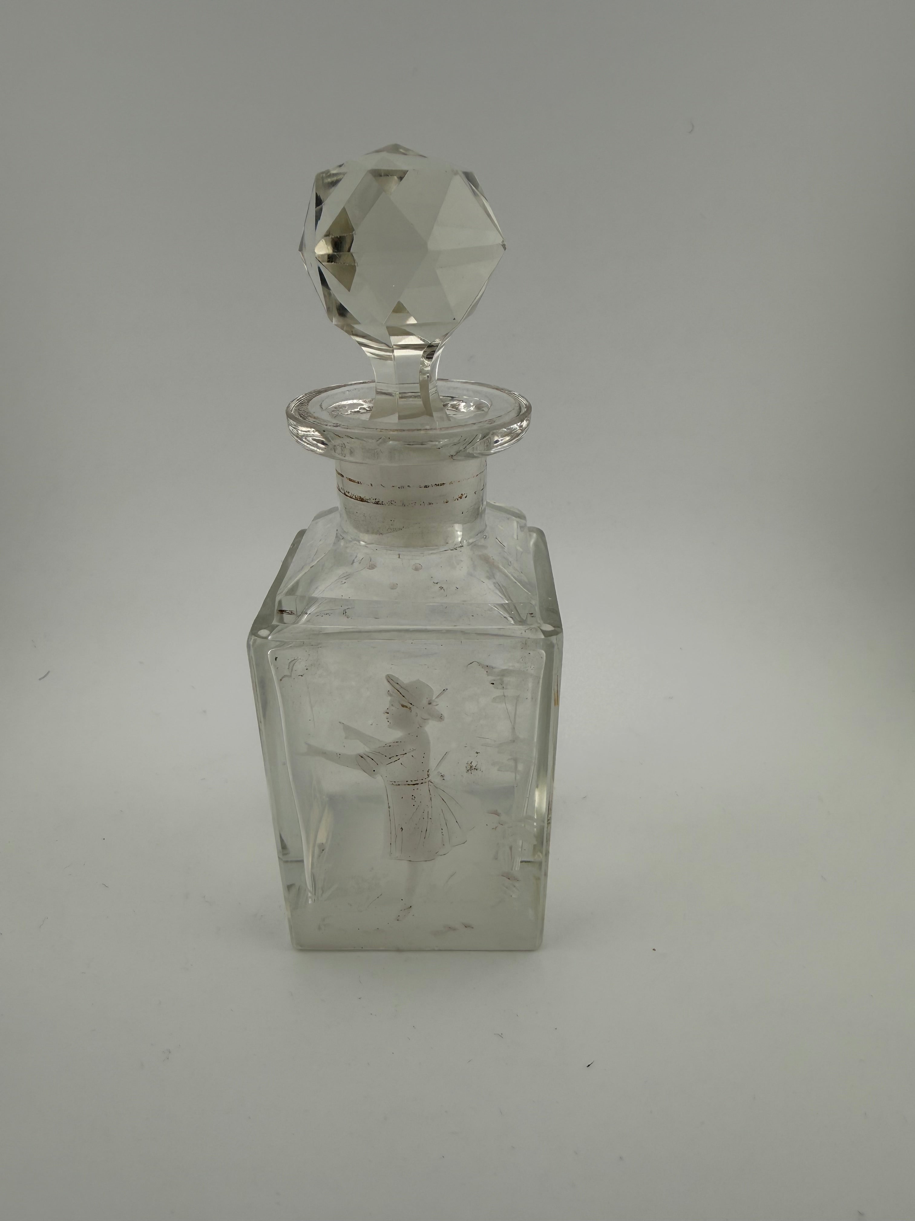 Antique Mary Gregory Victorian Crystal Perfume Bottle with Wheel-Engraved Figural Scenes, Silver Collar and Faceted Ball Stopper