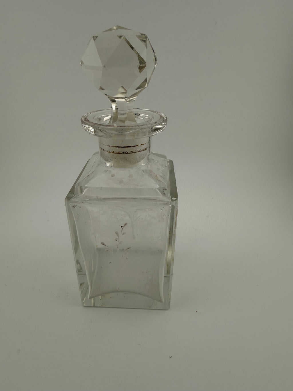 Antique Mary Gregory Victorian Crystal Perfume Bottle with Wheel-Engraved Figural Scenes, Silver Collar and Faceted Ball Stopper