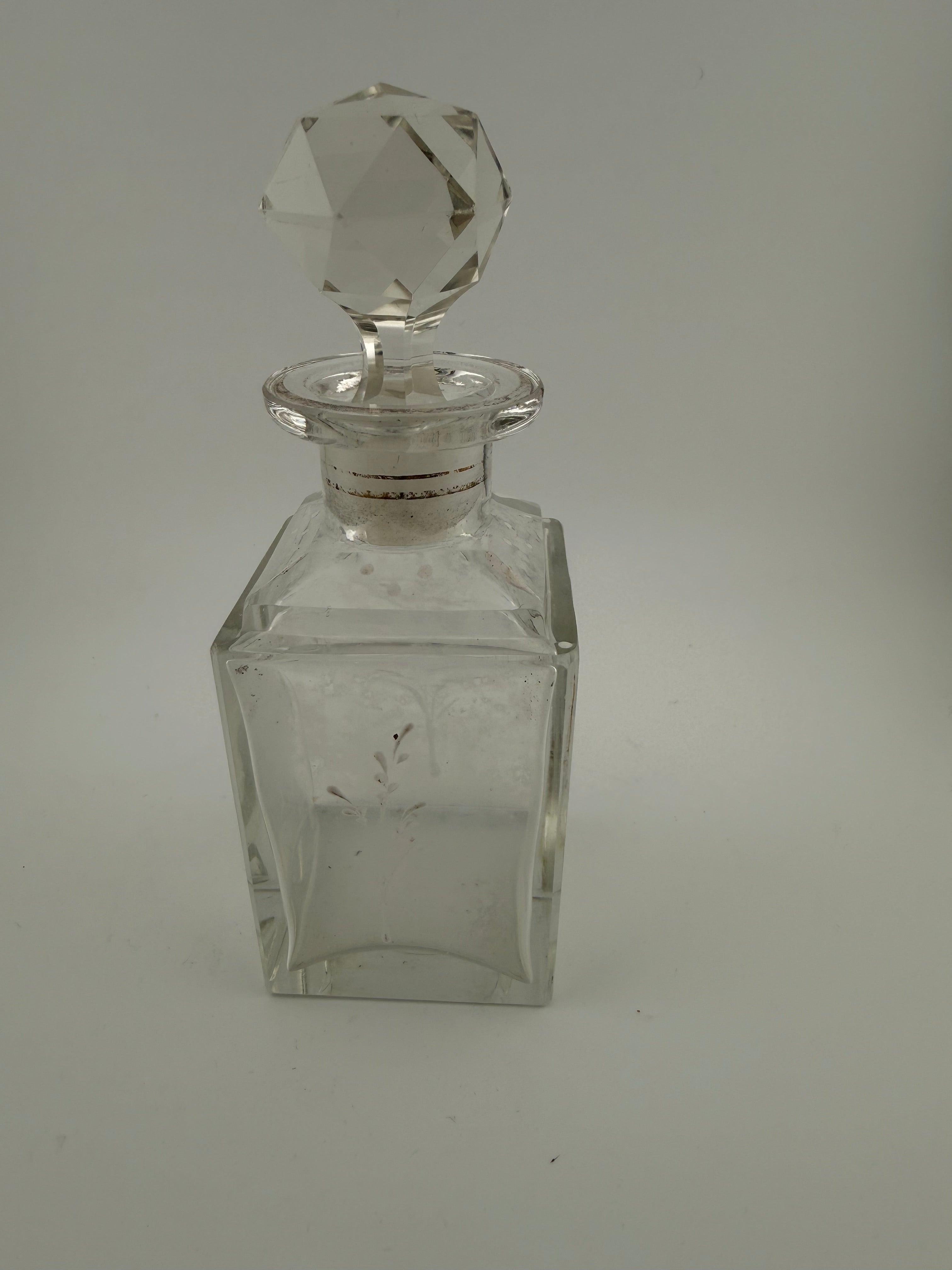 Antique Mary Gregory Victorian Crystal Perfume Bottle with Wheel-Engraved Figural Scenes, Silver Collar and Faceted Ball Stopper
