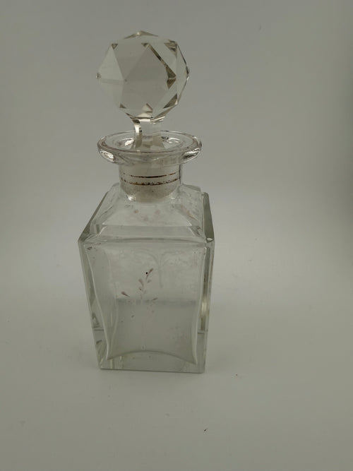 Antique Mary Gregory Victorian Crystal Perfume Bottle with Wheel-Engraved Figural Scenes, Silver Collar and Faceted Ball Stopper