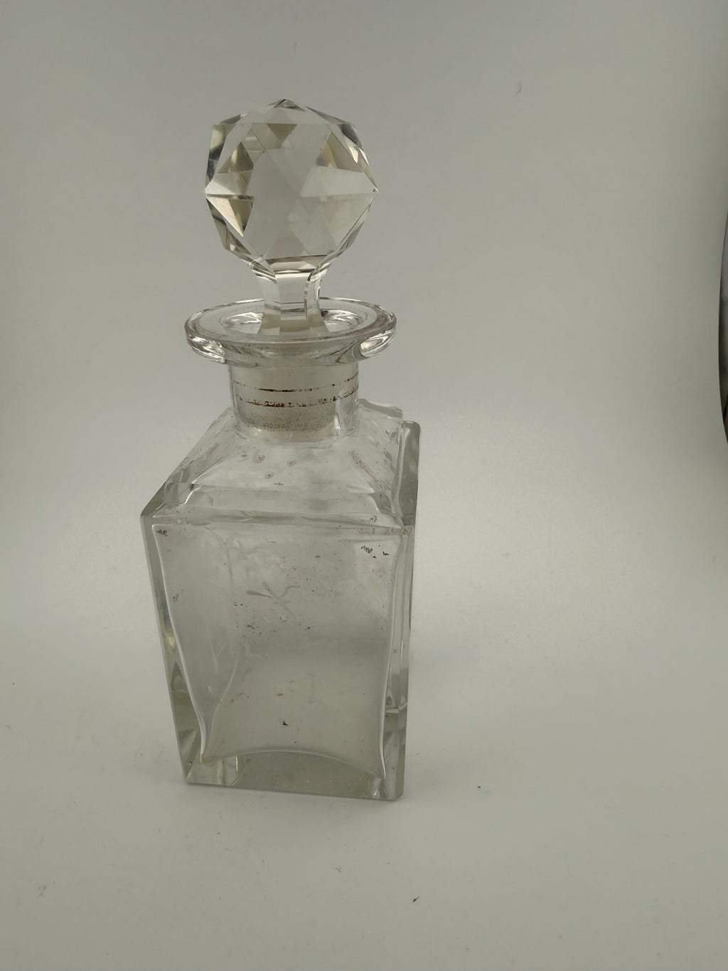 Antique Mary Gregory Victorian Crystal Perfume Bottle with Wheel-Engraved Figural Scenes, Silver Collar and Faceted Ball Stopper