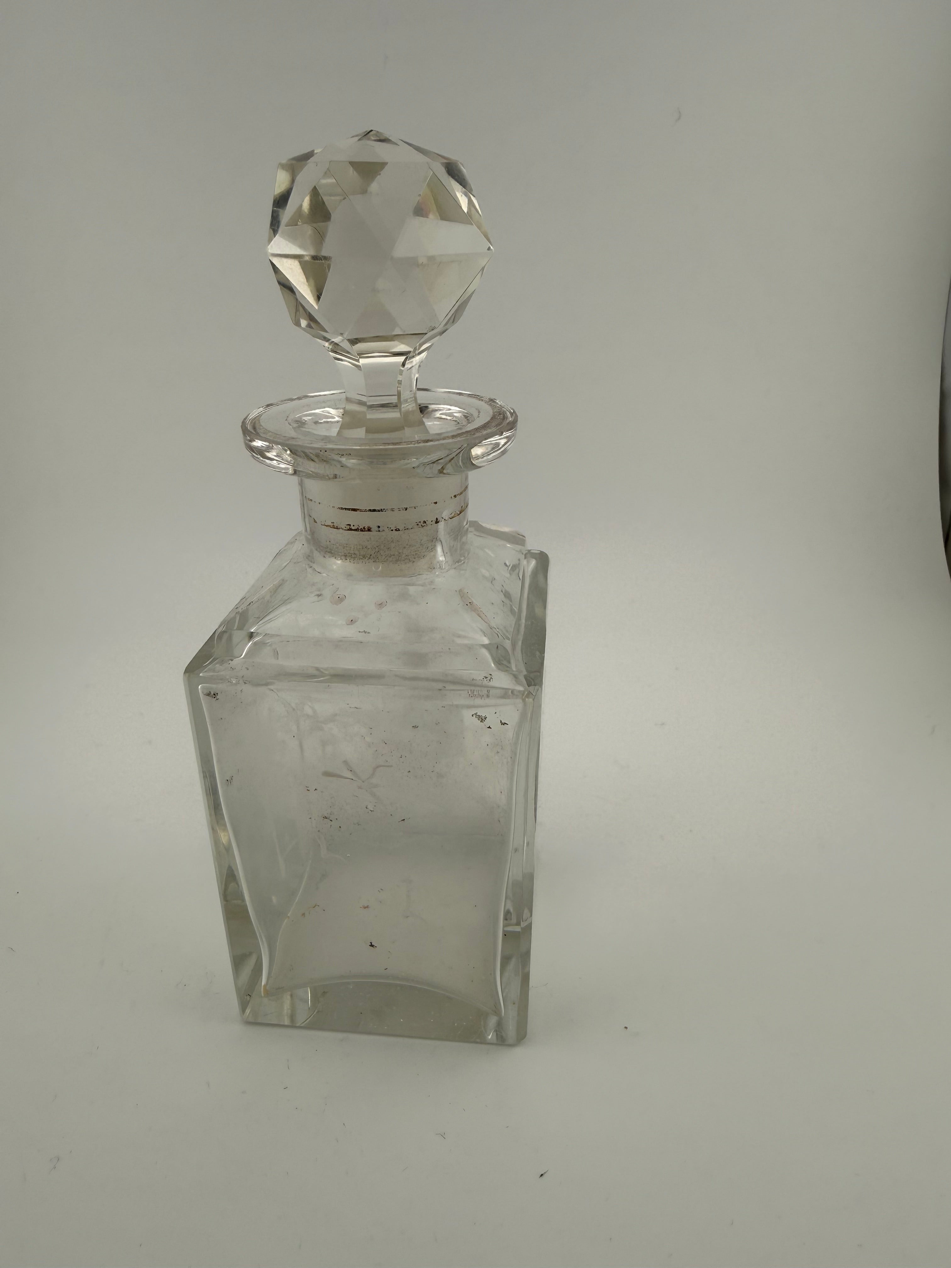 Antique Mary Gregory Victorian Crystal Perfume Bottle with Wheel-Engraved Figural Scenes, Silver Collar and Faceted Ball Stopper