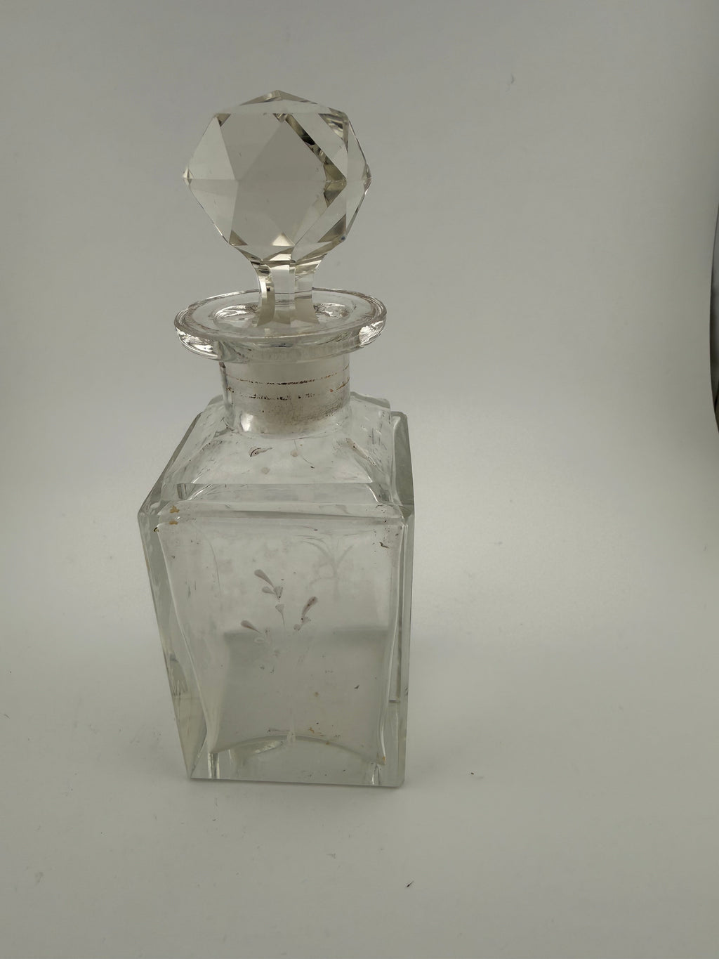 Antique Mary Gregory Victorian Crystal Perfume Bottle with Wheel-Engraved Figural Scenes, Silver Collar and Faceted Ball Stopper