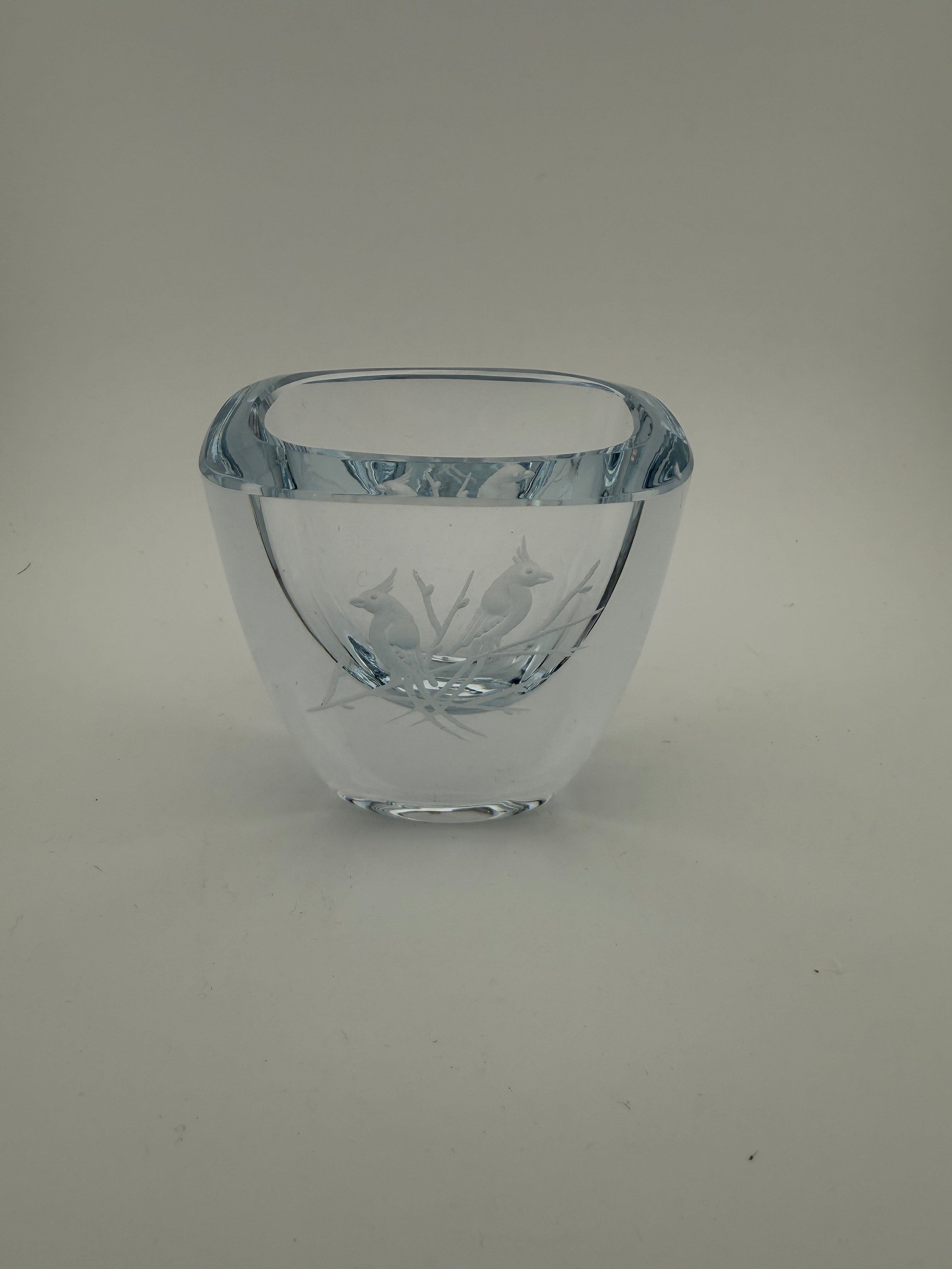 Vintage Strombergshyttan Art Glass Vase with Wheel-Engraved Parakeet on Botanical Spray - Orrefors Style
