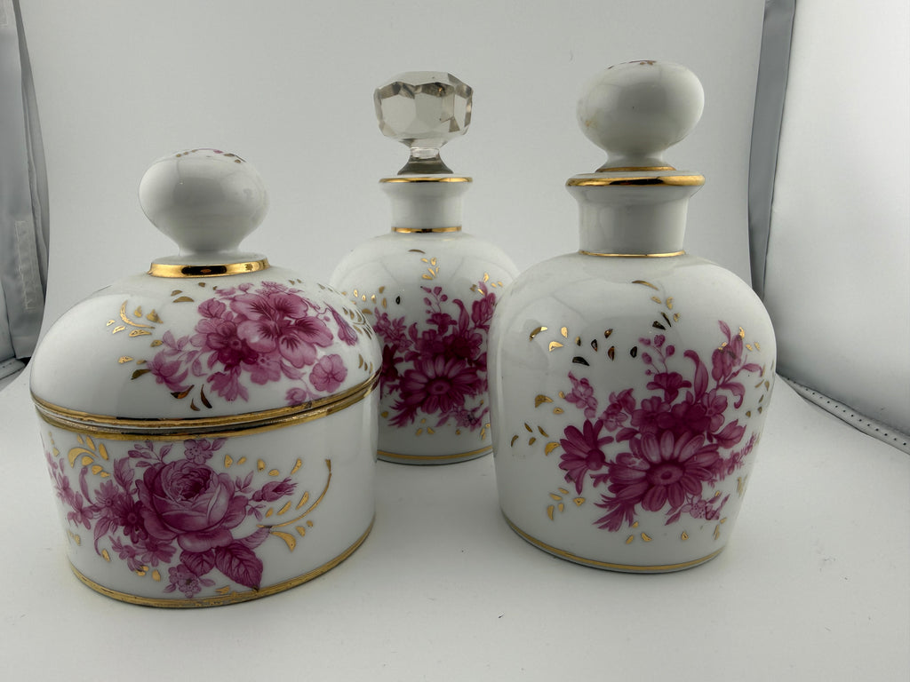 Vintage French-Style Porcelain Vanity Set - Two Perfume Bottles and Powder Box with Pink Roses and Gold