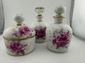 Vintage French-Style Porcelain Vanity Set - Two Perfume Bottles and Powder Box with Pink Roses and Gold