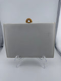 Vintage Waldyin White Pebbled Leather Clutch with Gold Filigree Pearl Dome Clasp