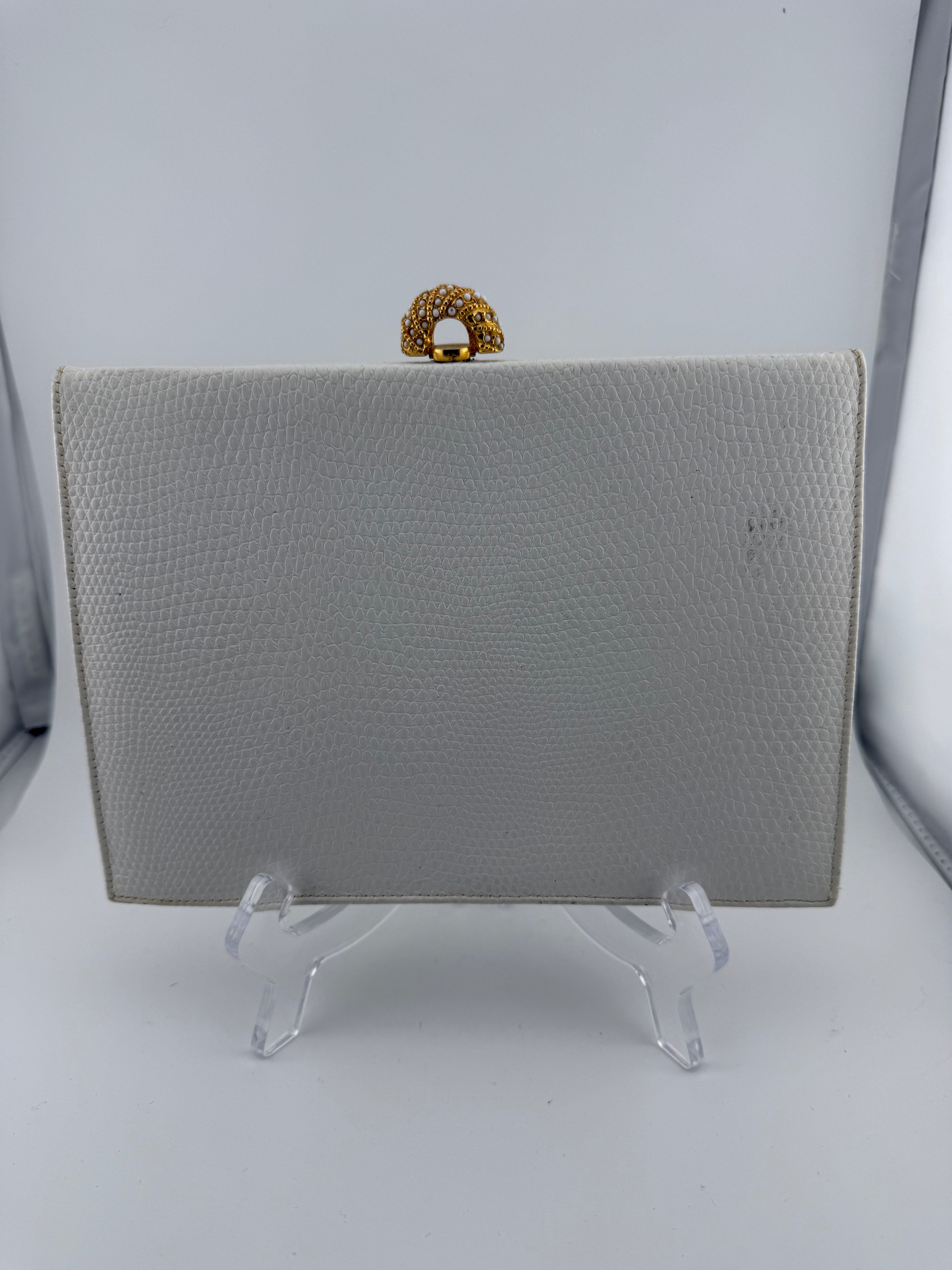 Vintage Waldyin White Pebbled Leather Clutch with Gold Filigree Pearl Dome Clasp