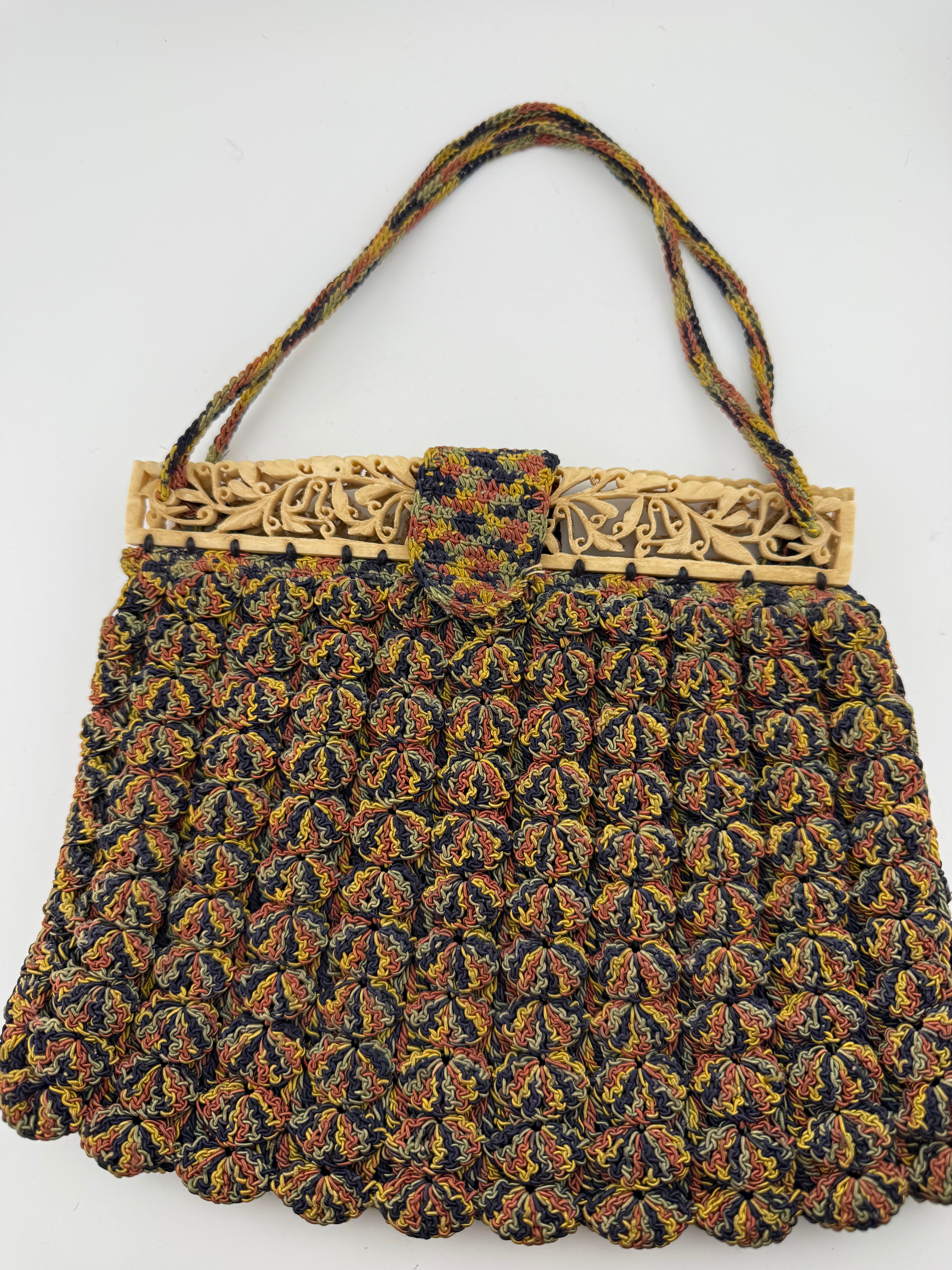 Vintage 1920s-30s Art Deco Crochet Purse with Carved Celluloid Frame and Multicolor Silk Cord