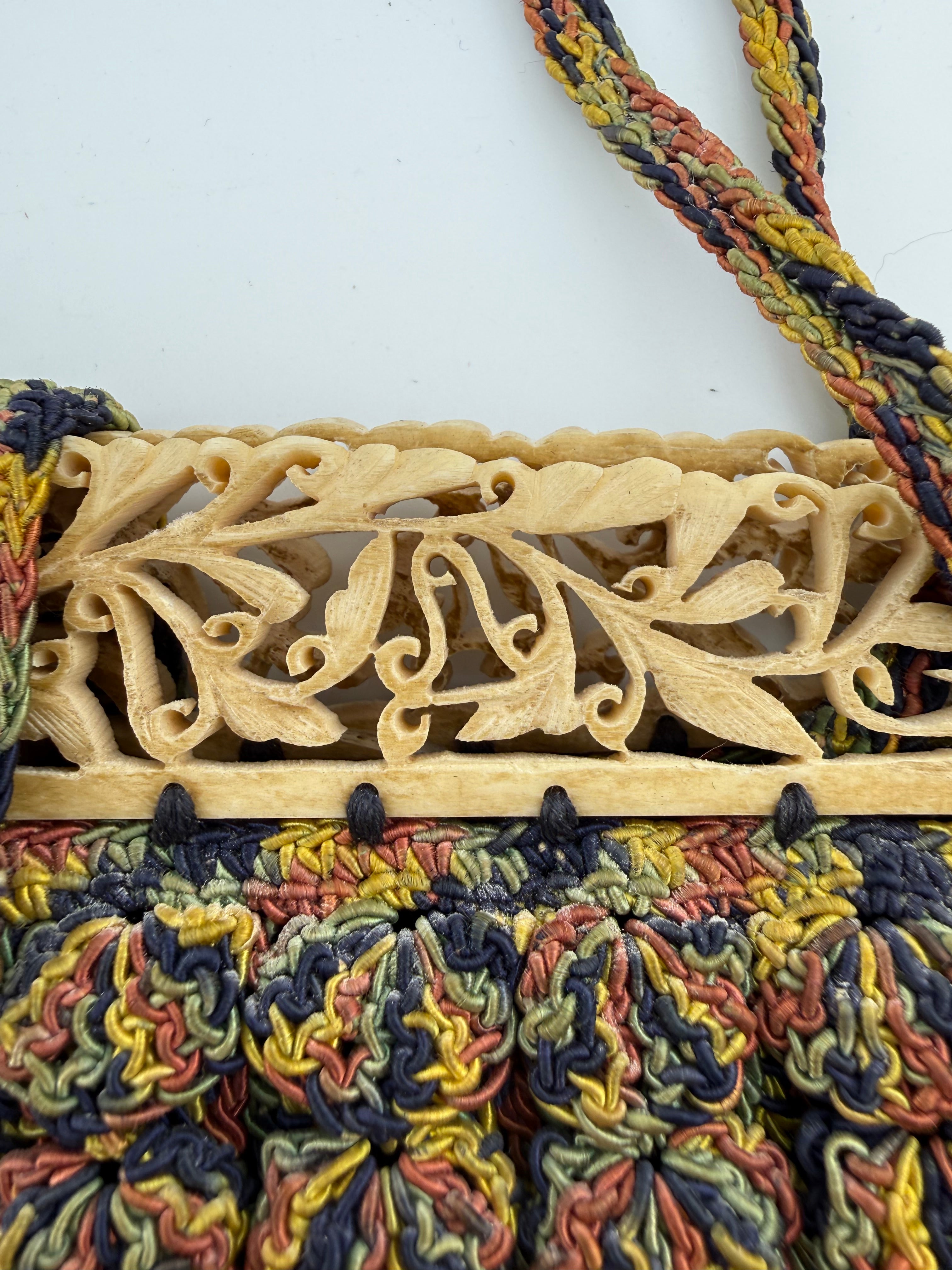 Vintage 1920s-30s Art Deco Crochet Purse with Carved Celluloid Frame and Multicolor Silk Cord