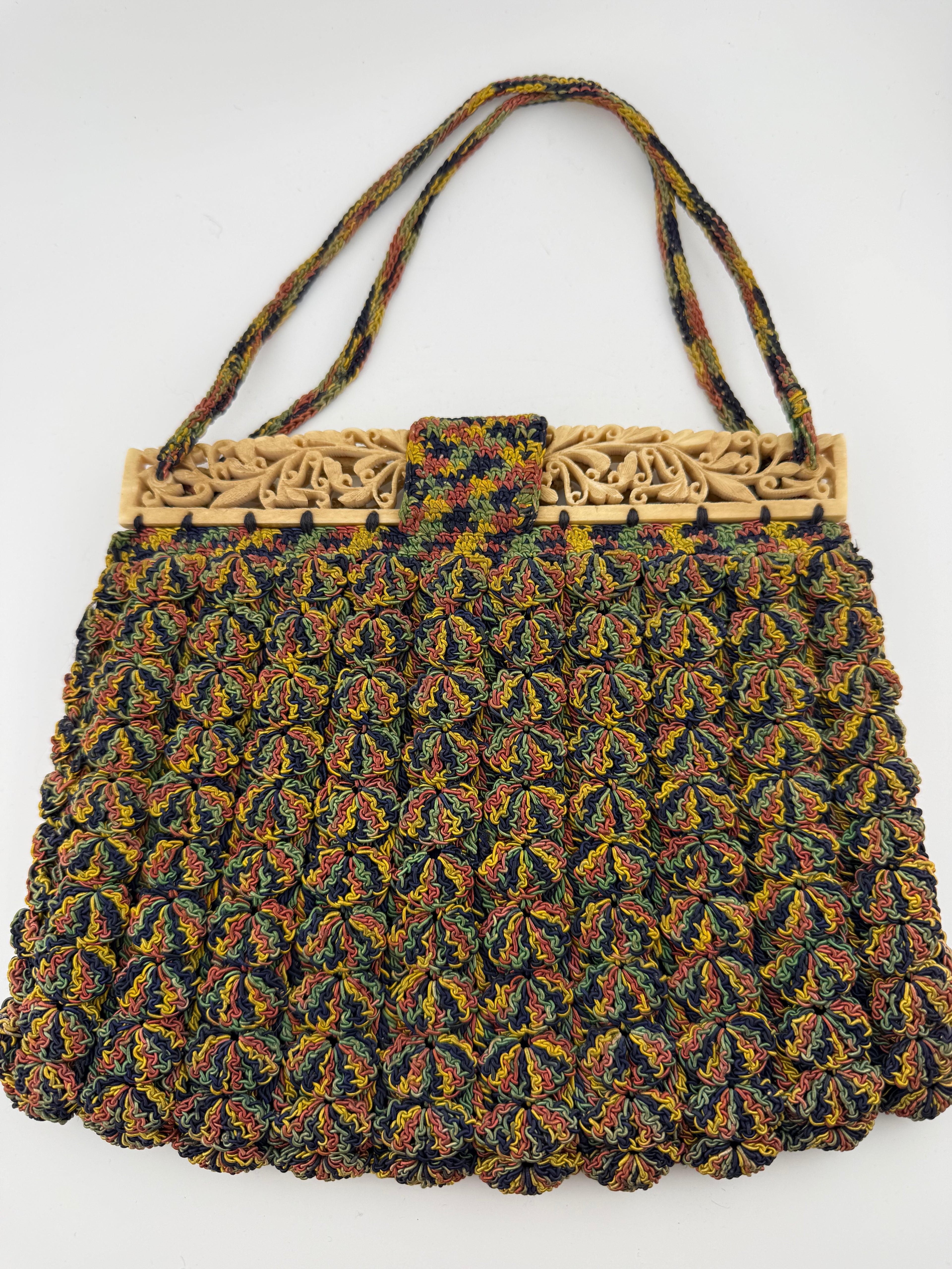 Vintage 1920s-30s Art Deco Crochet Purse with Carved Celluloid Frame and Multicolor Silk Cord