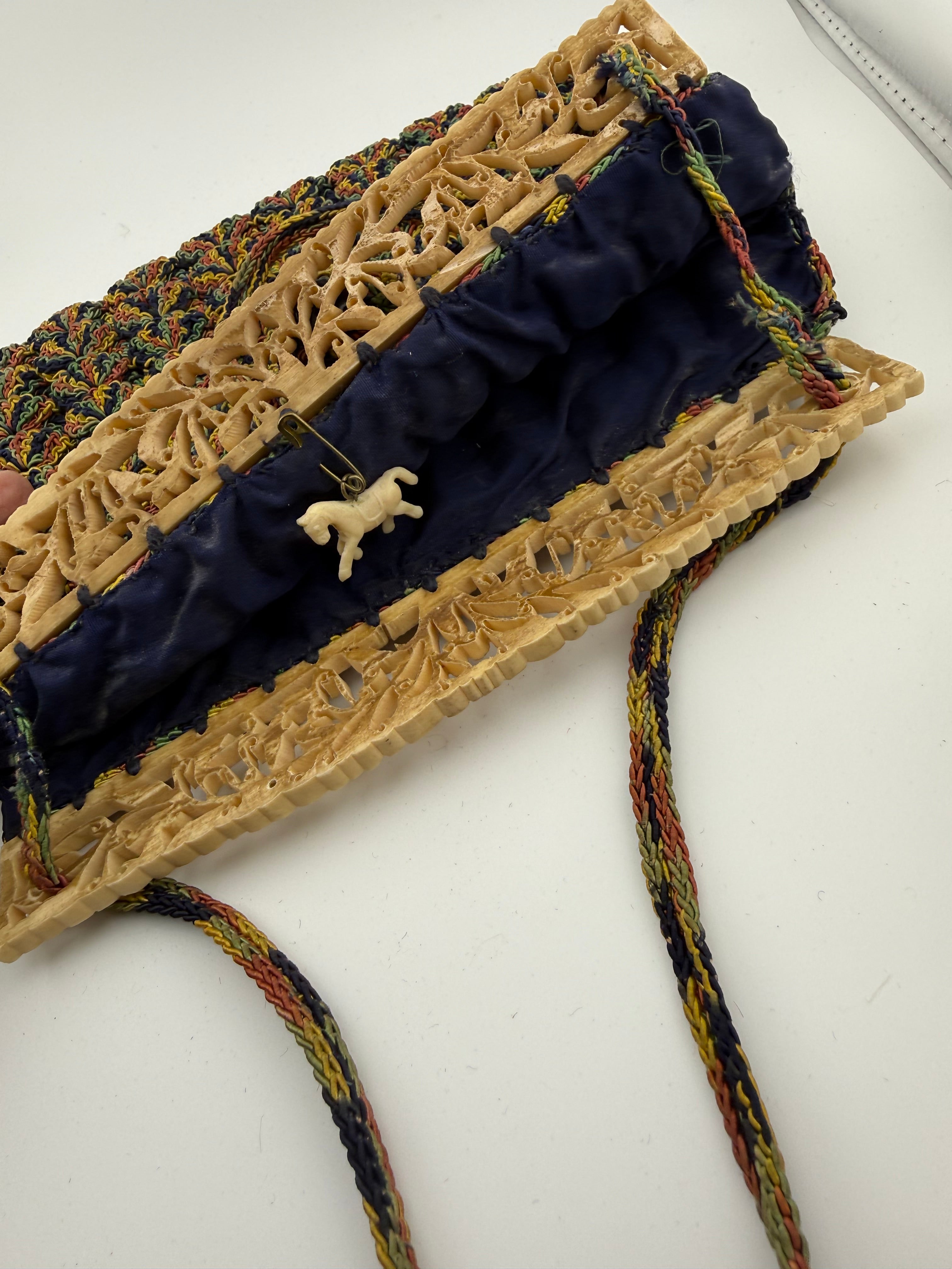 Vintage 1920s-30s Art Deco Crochet Purse with Carved Celluloid Frame and Multicolor Silk Cord