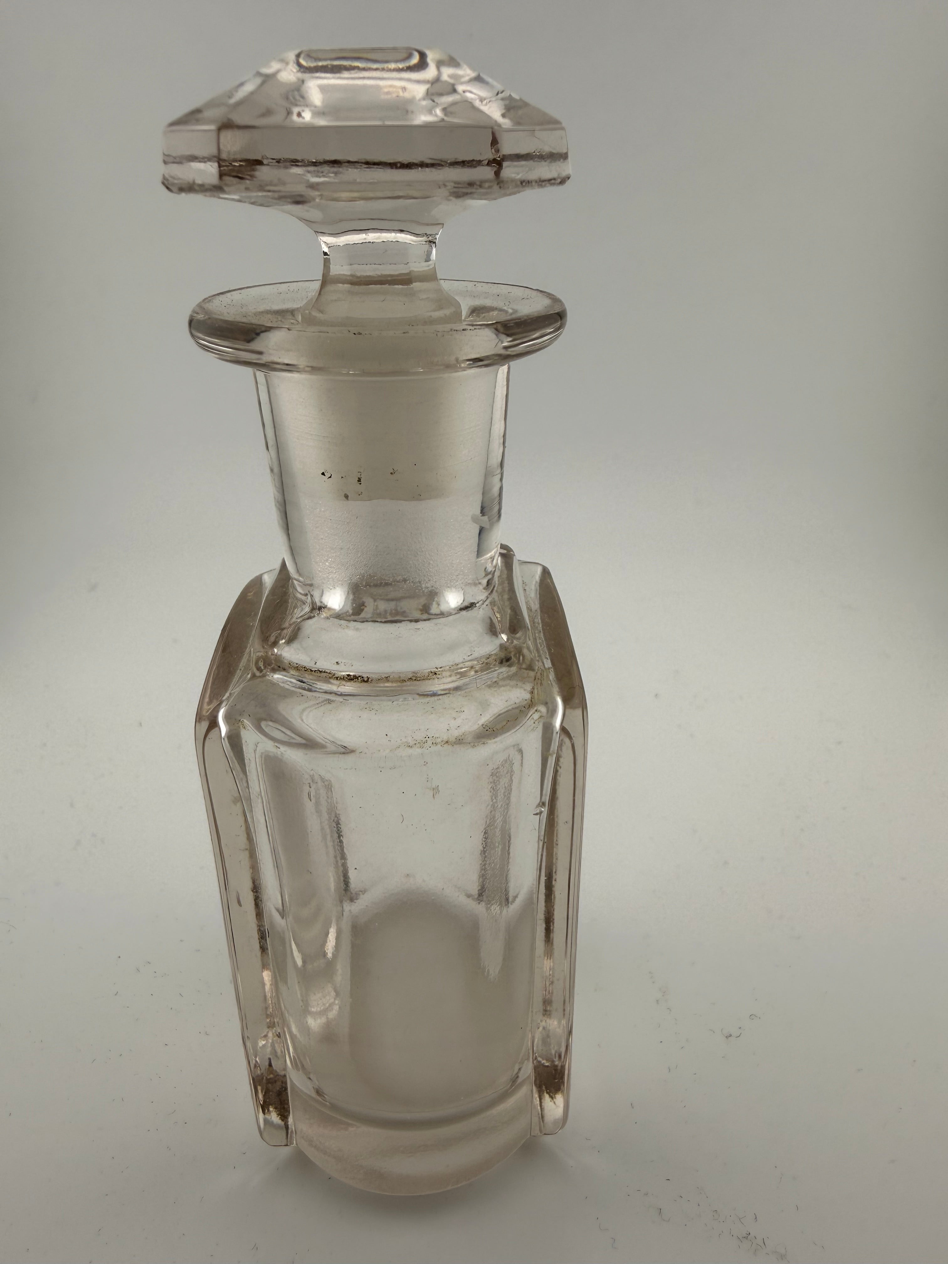 Antique Victorian French Pressed Glass Perfume Cologne Bottle with Faceted Stopper and Paneled Body