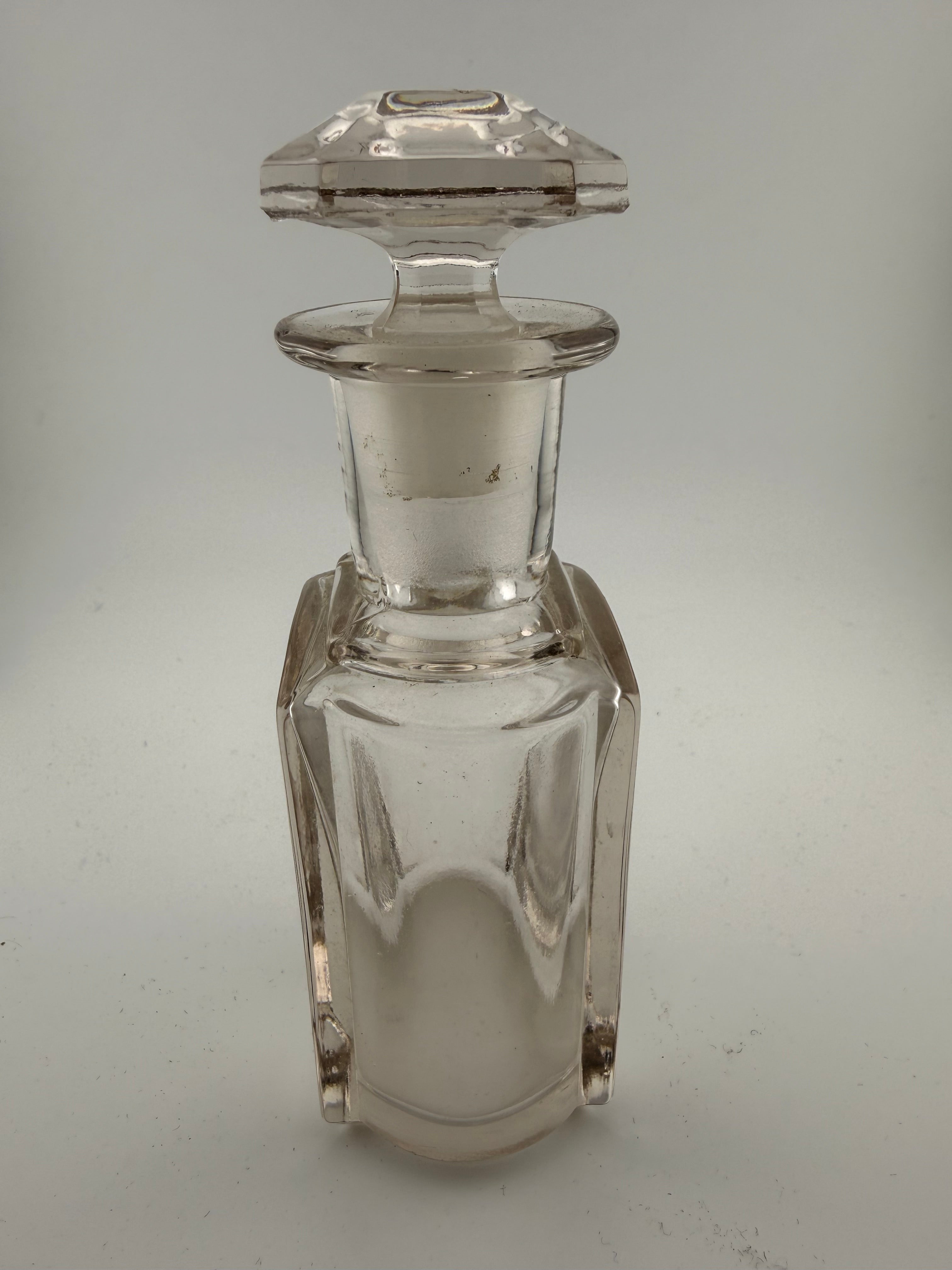Antique Victorian French Pressed Glass Perfume Cologne Bottle with Faceted Stopper and Paneled Body
