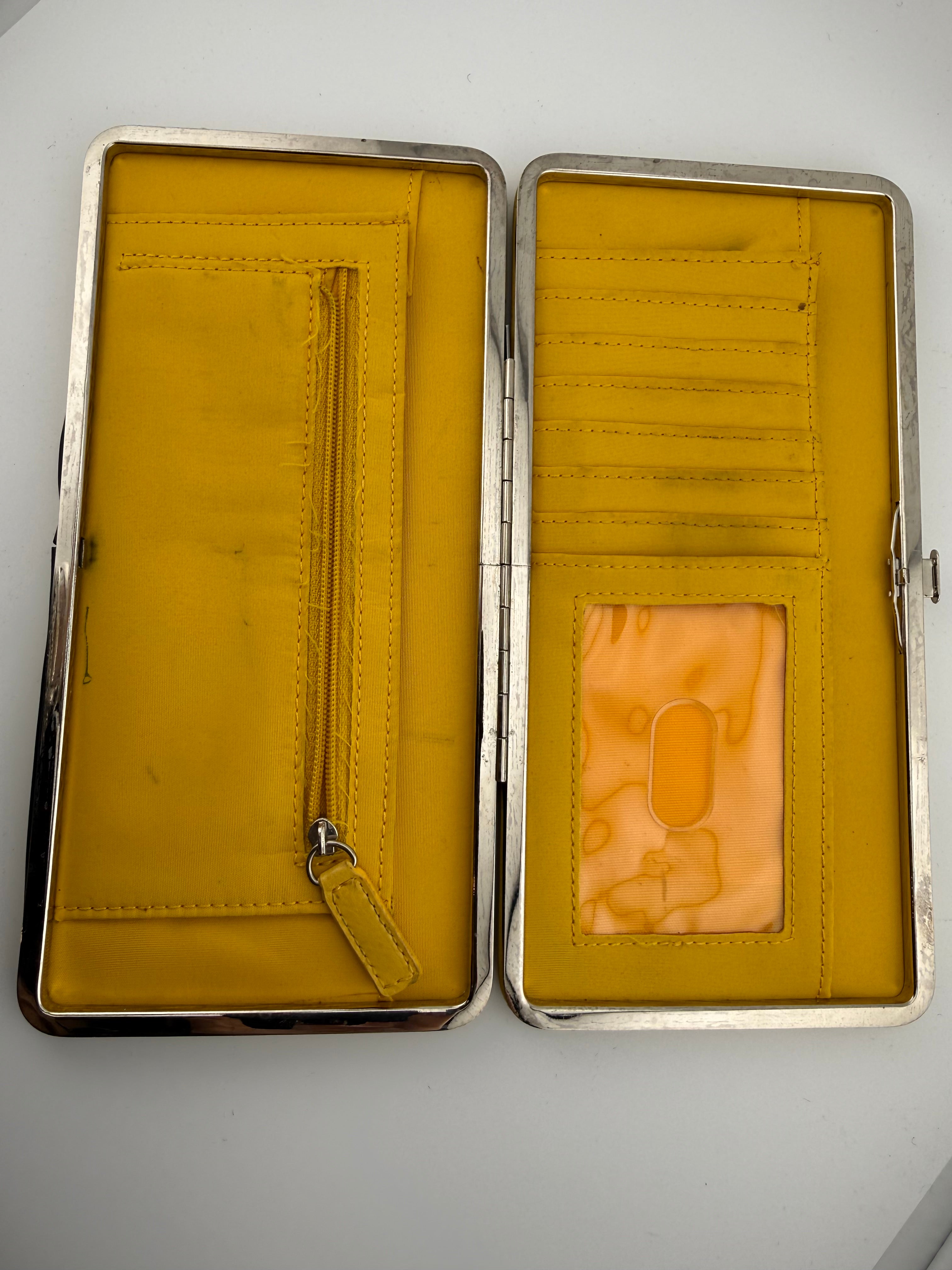 Vintage 1970s Mustard Yellow Leather Wallet with Silver Metal Frame Clasp