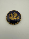 Vintage Cobalt Blue Enamel and Gold Purse mirror with Rococo Courting Scene and Scalloped Filigree Border