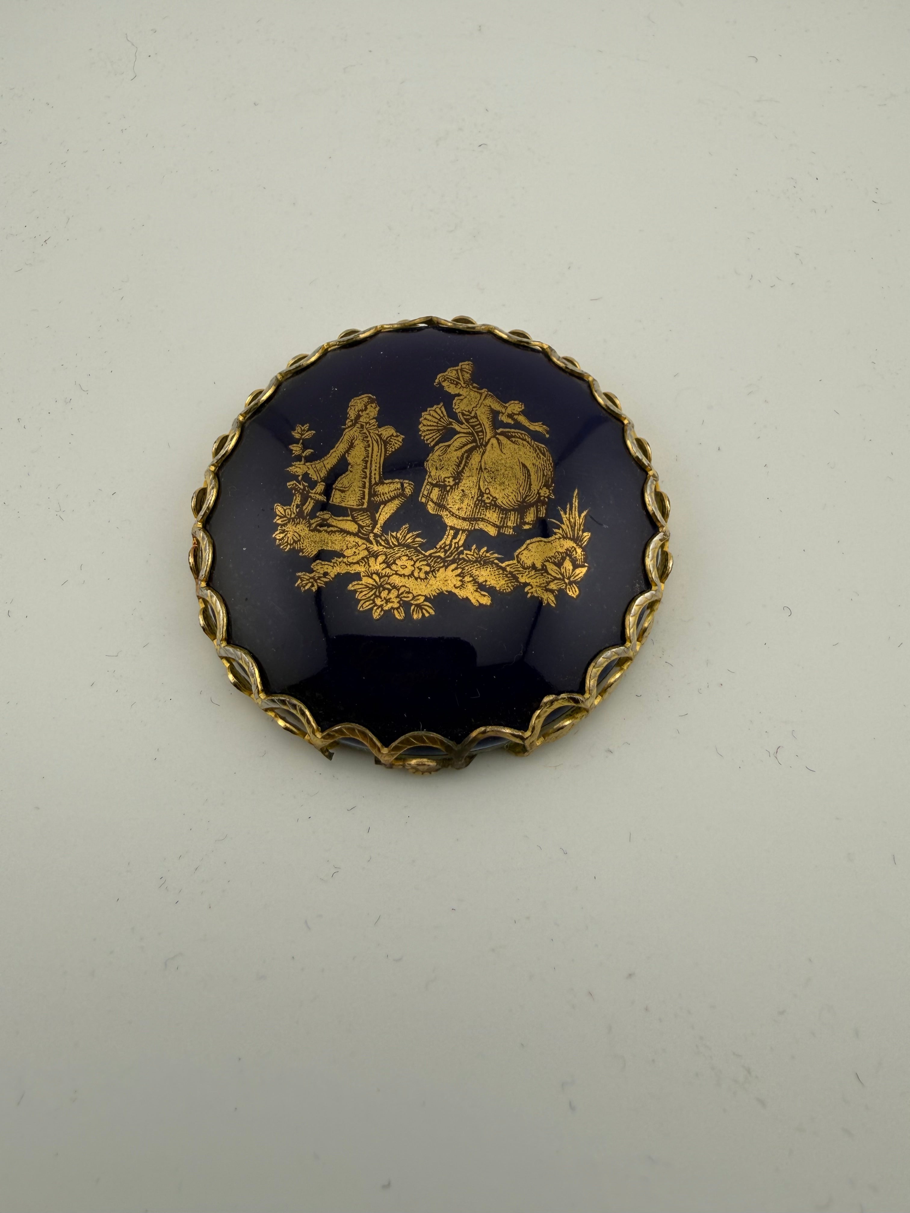 Vintage Cobalt Blue Enamel and Gold Purse mirror with Rococo Courting Scene and Scalloped Filigree Border