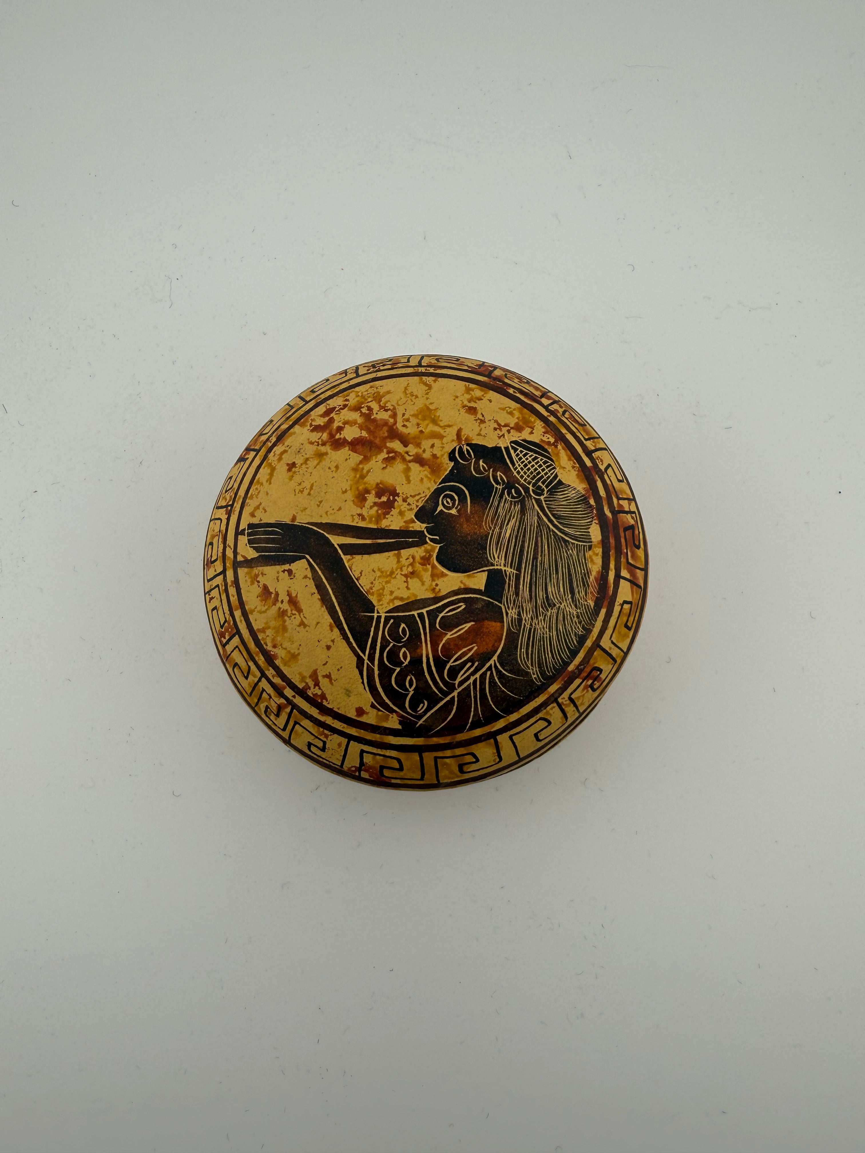 Vintage Greek Black-Figure Pottery Style Covered Trinket Box with Goddess and Greek Key Border
